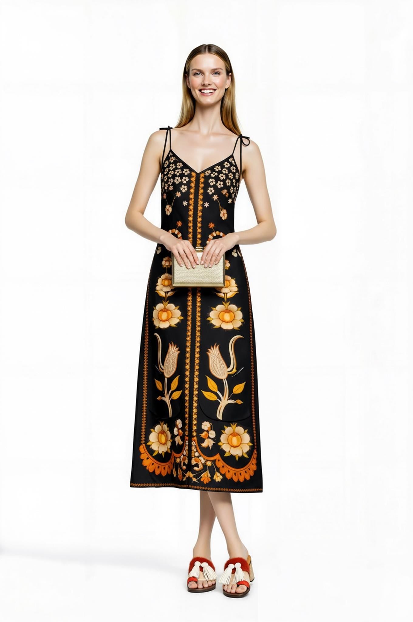 Black Floral Midi Slip Dress with Adjustable Tie Straps Ornamental Print __etsy:7738325099