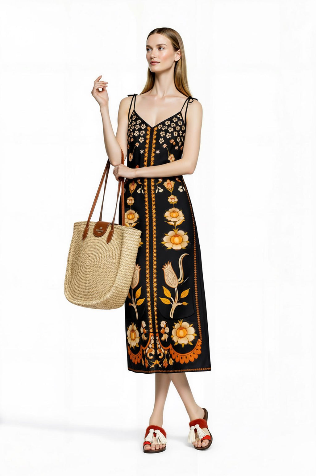 Black Floral Midi Slip Dress with Adjustable Tie Straps Ornamental Print __etsy:7738325103