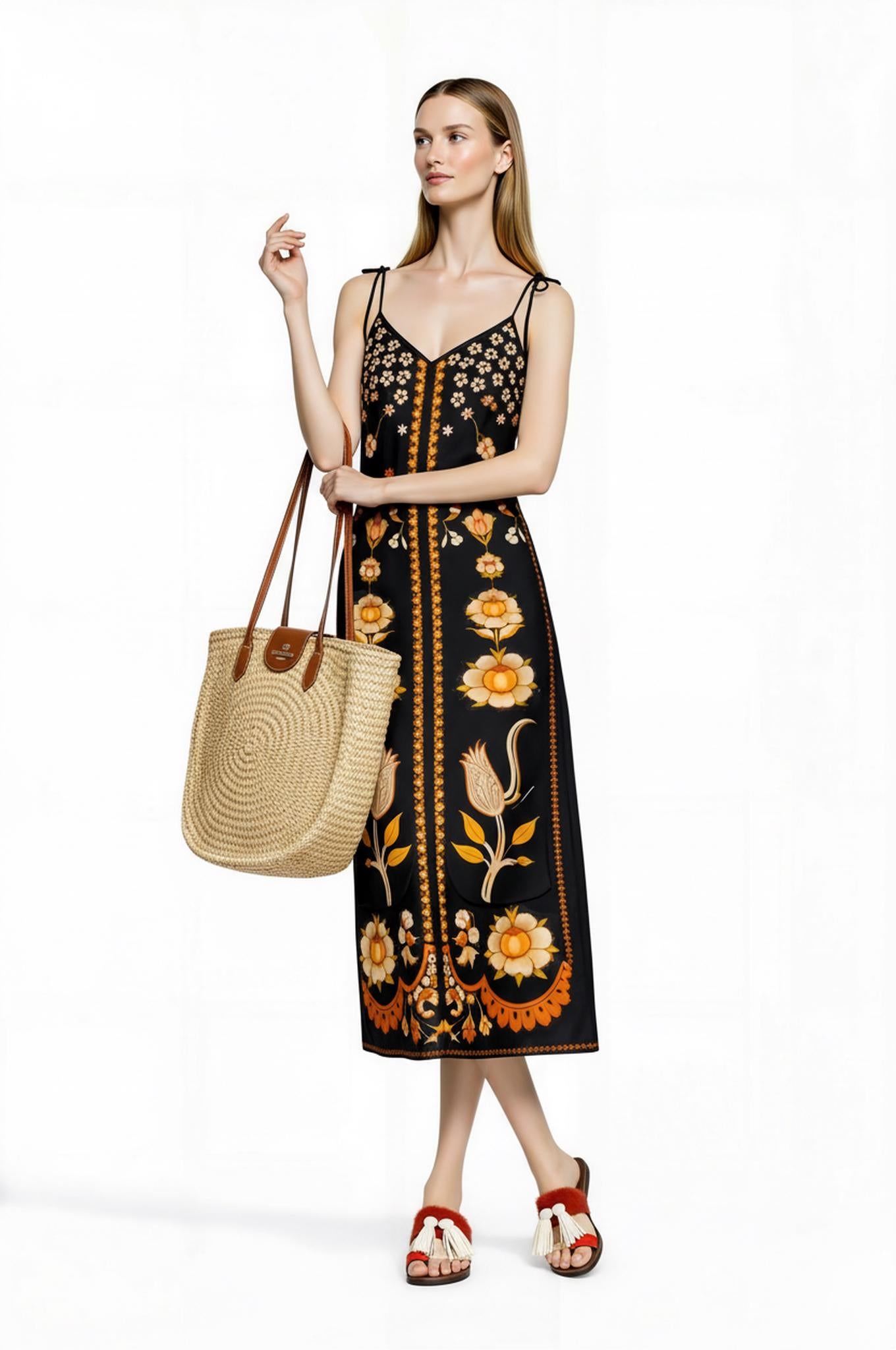 Black Floral Midi Slip Dress with Adjustable Tie Straps Ornamental Print __etsy:7738325103