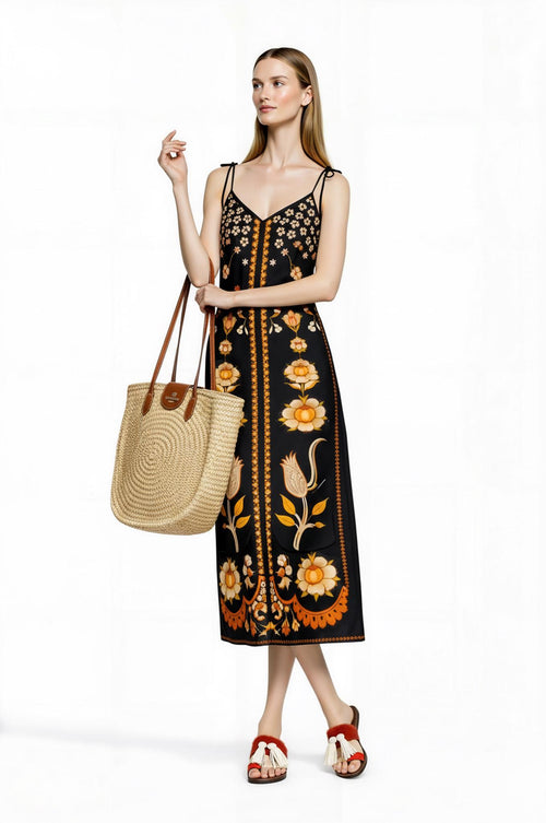 Black Floral Midi Slip Dress with Adjustable Tie Straps Ornamental Print __etsy:7738325103