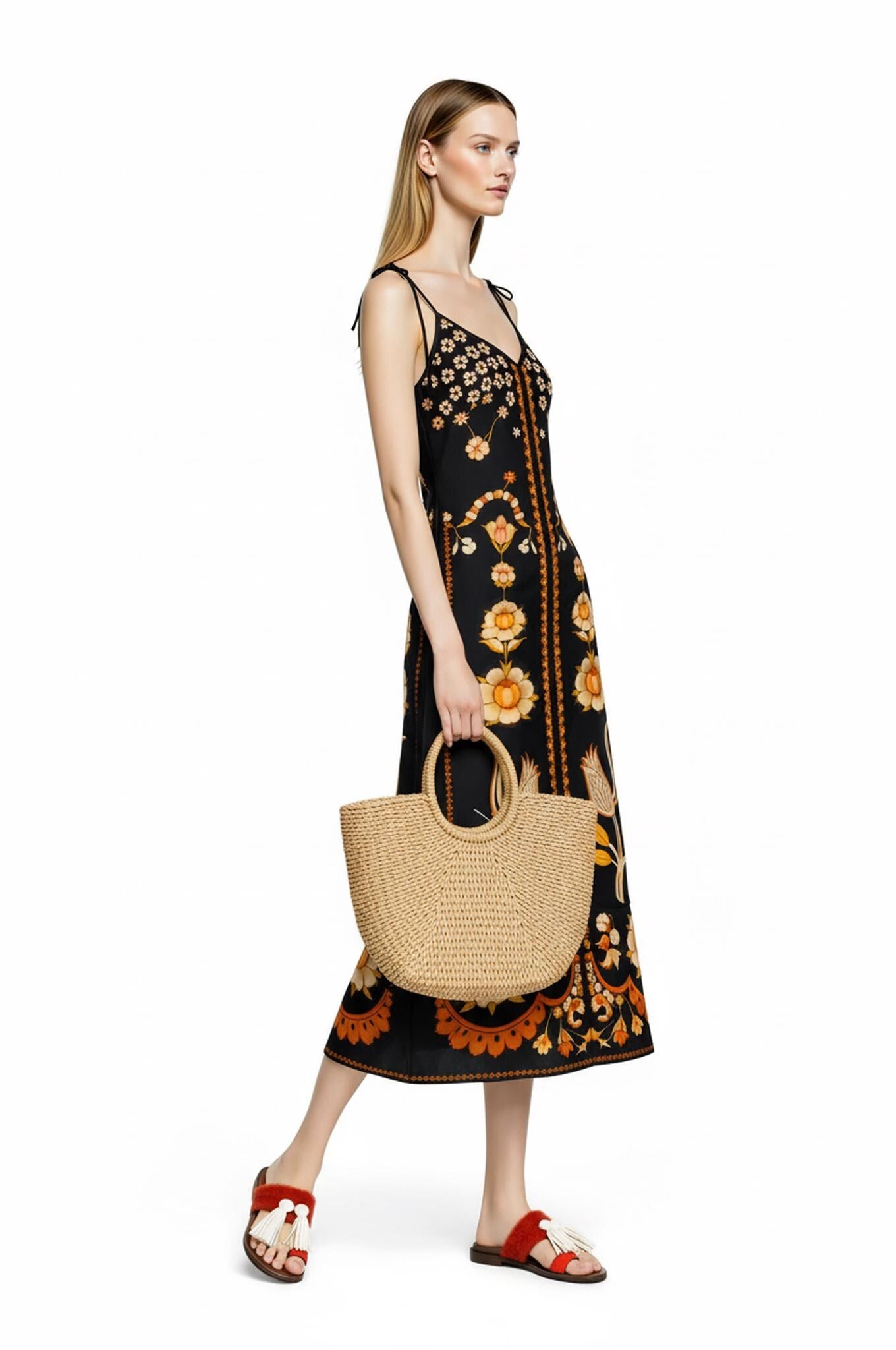 Black Floral Midi Slip Dress with Adjustable Tie Straps Ornamental Print __etsy:7738325121