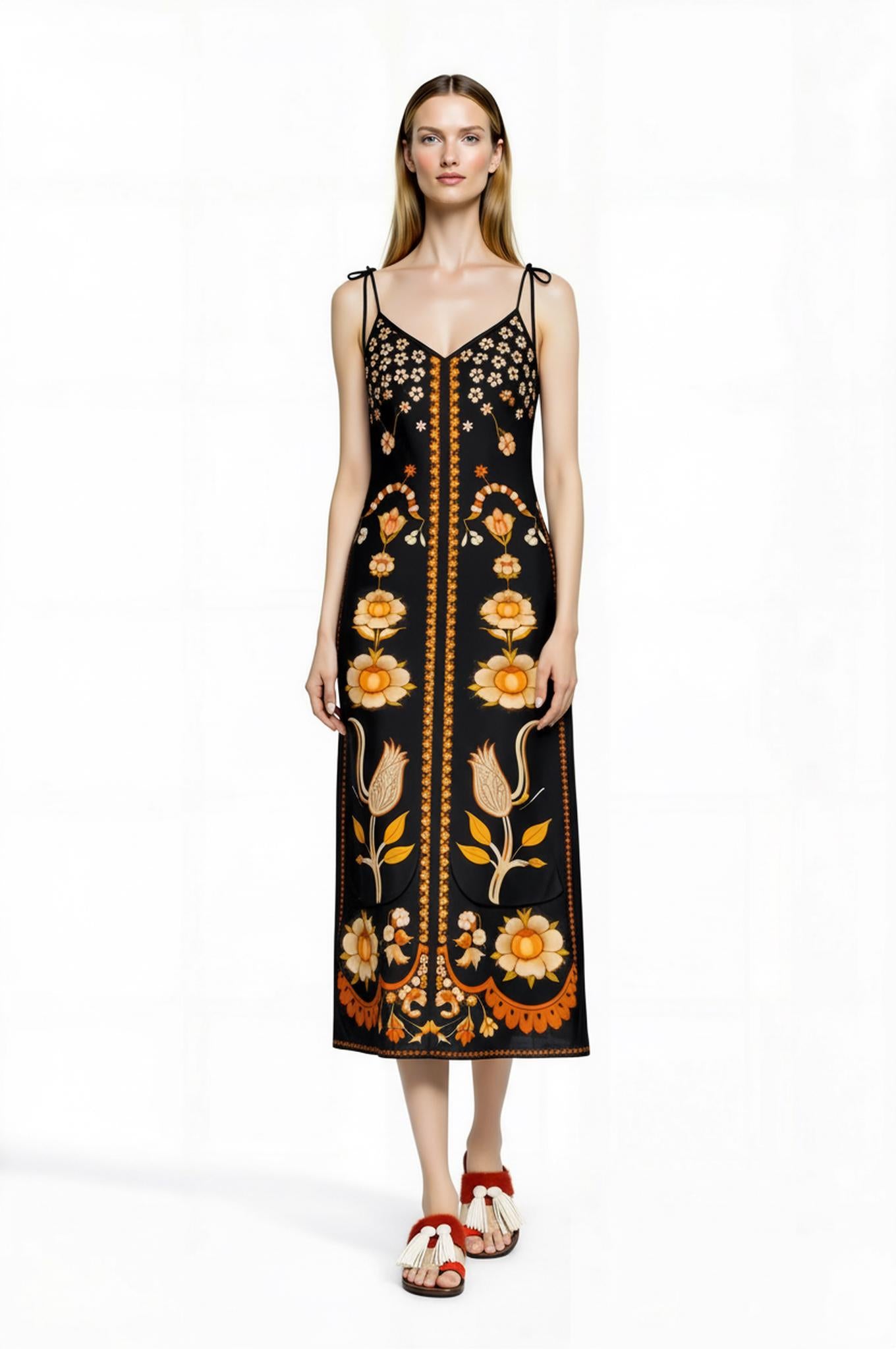 Black Floral Midi Slip Dress with Adjustable Tie Straps Ornamental Print __etsy:7738325127
