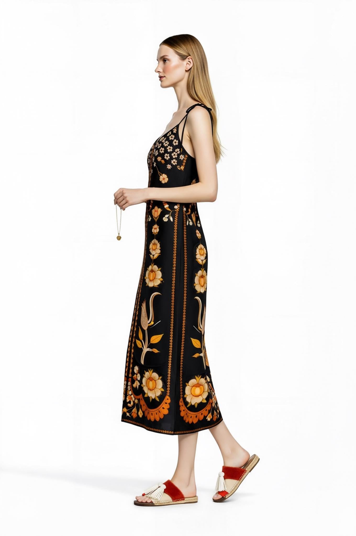 Black Floral Midi Slip Dress with Adjustable Tie Straps Ornamental Print __etsy:7738325131