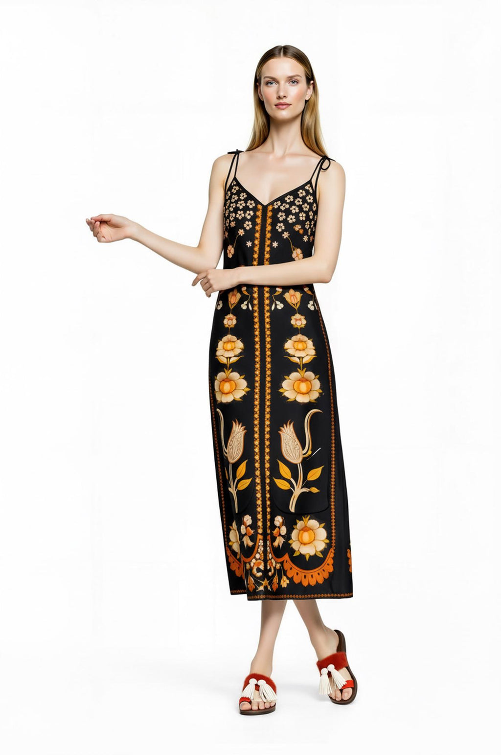 Black Floral Midi Slip Dress with Adjustable Tie Straps Ornamental Print __etsy:7738325133