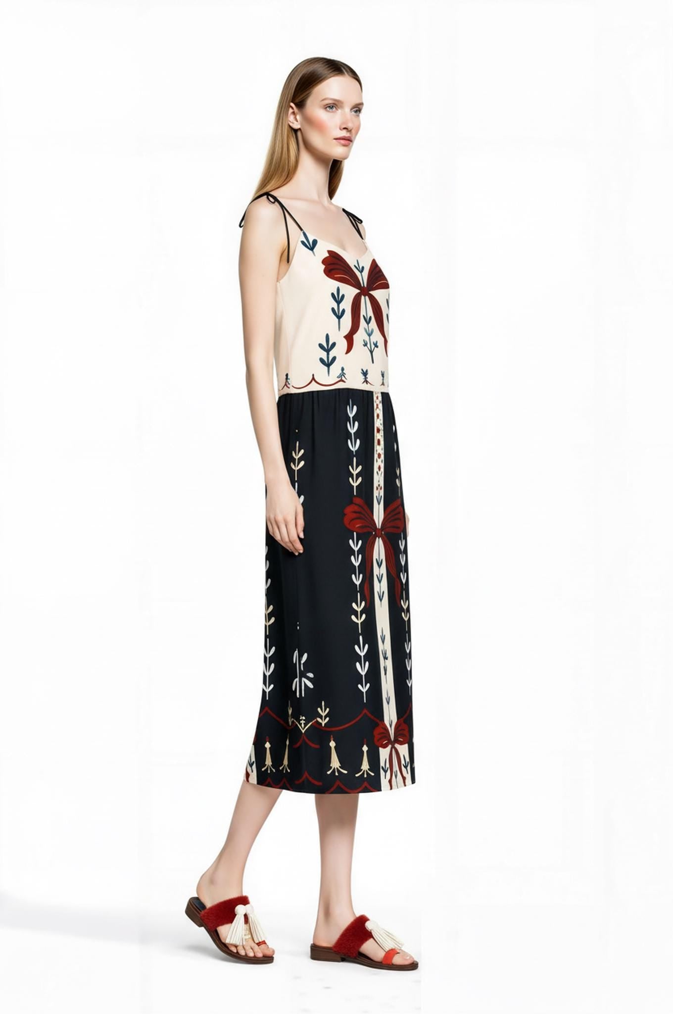 Ivory and Black Ribbon Print Midi Slip Dress with Adjustable Tie Straps Ornamental Design __etsy:7738356741