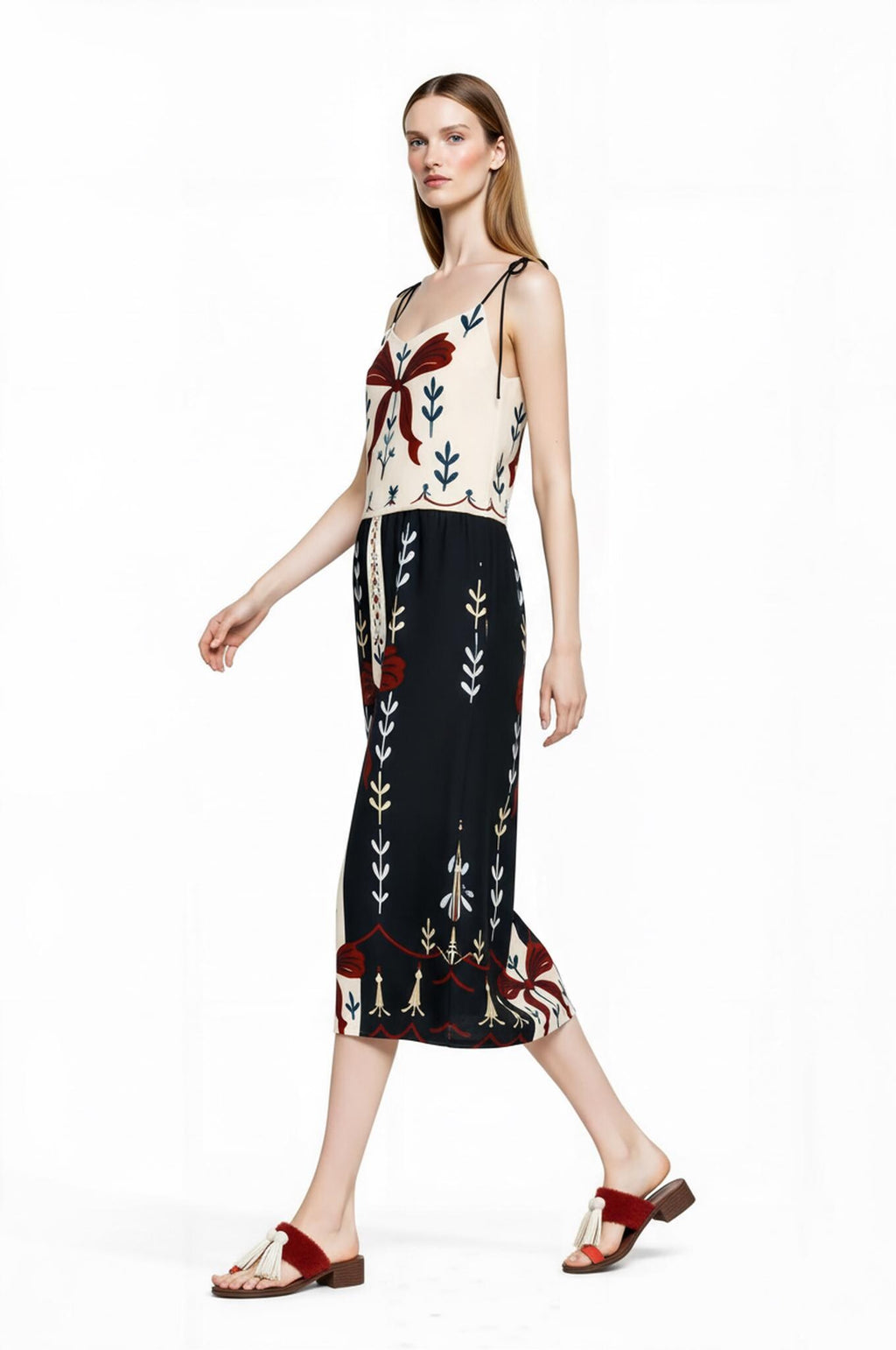 Ivory and Black Ribbon Print Midi Slip Dress with Adjustable Tie Straps Ornamental Design __etsy:7738356743