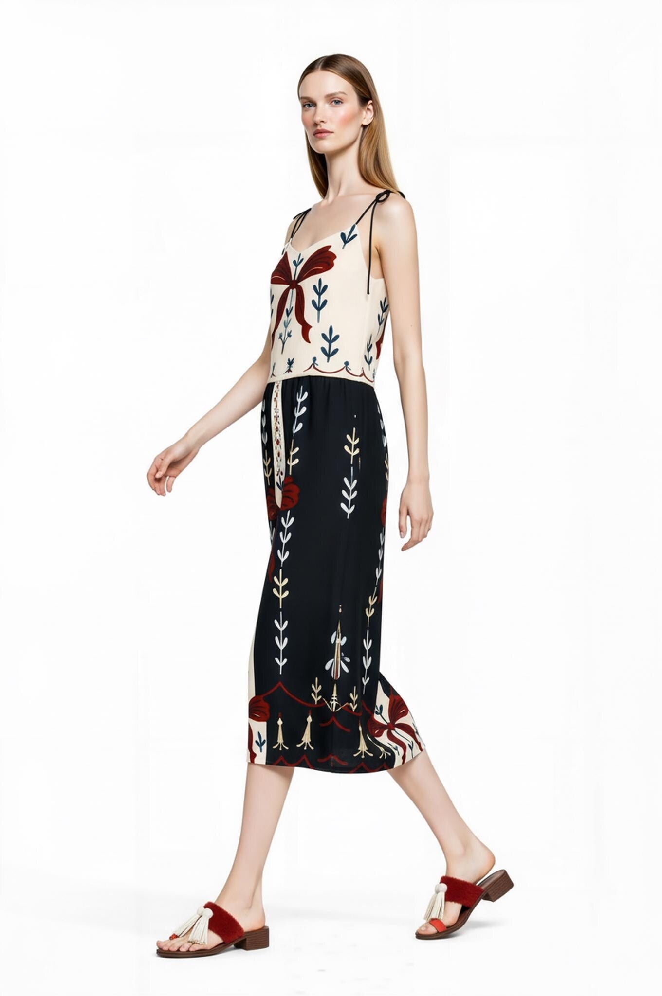 Ivory and Black Ribbon Print Midi Slip Dress with Adjustable Tie Straps Ornamental Design __etsy:7738356743