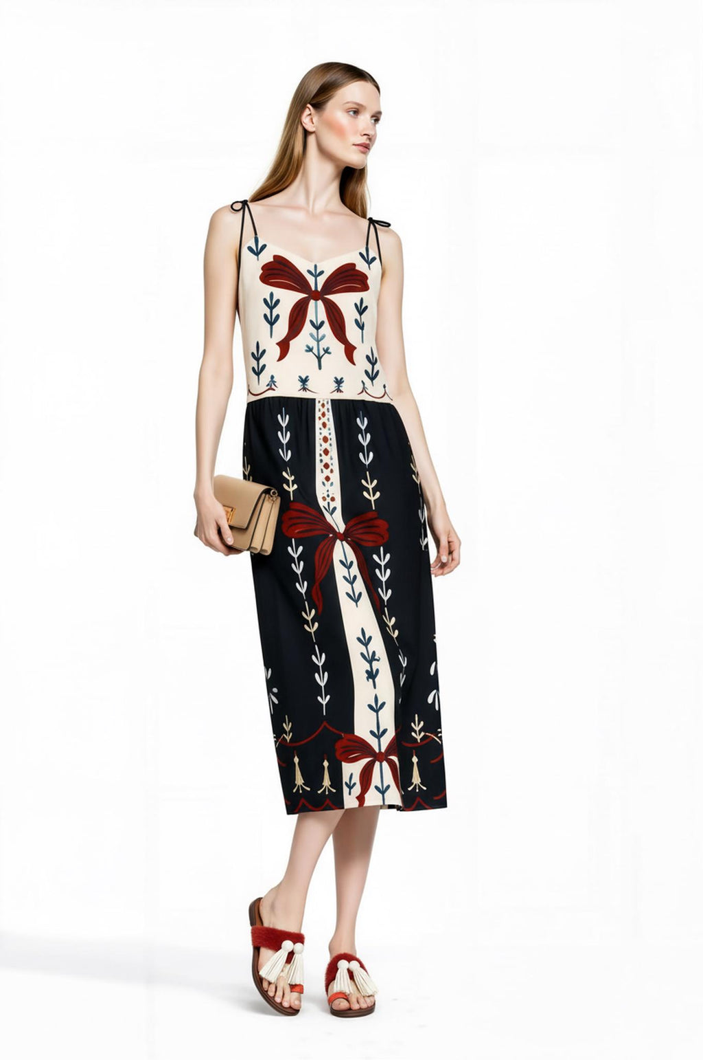 Ivory and Black Ribbon Print Midi Slip Dress with Adjustable Tie Straps Ornamental Design __etsy:7738356745