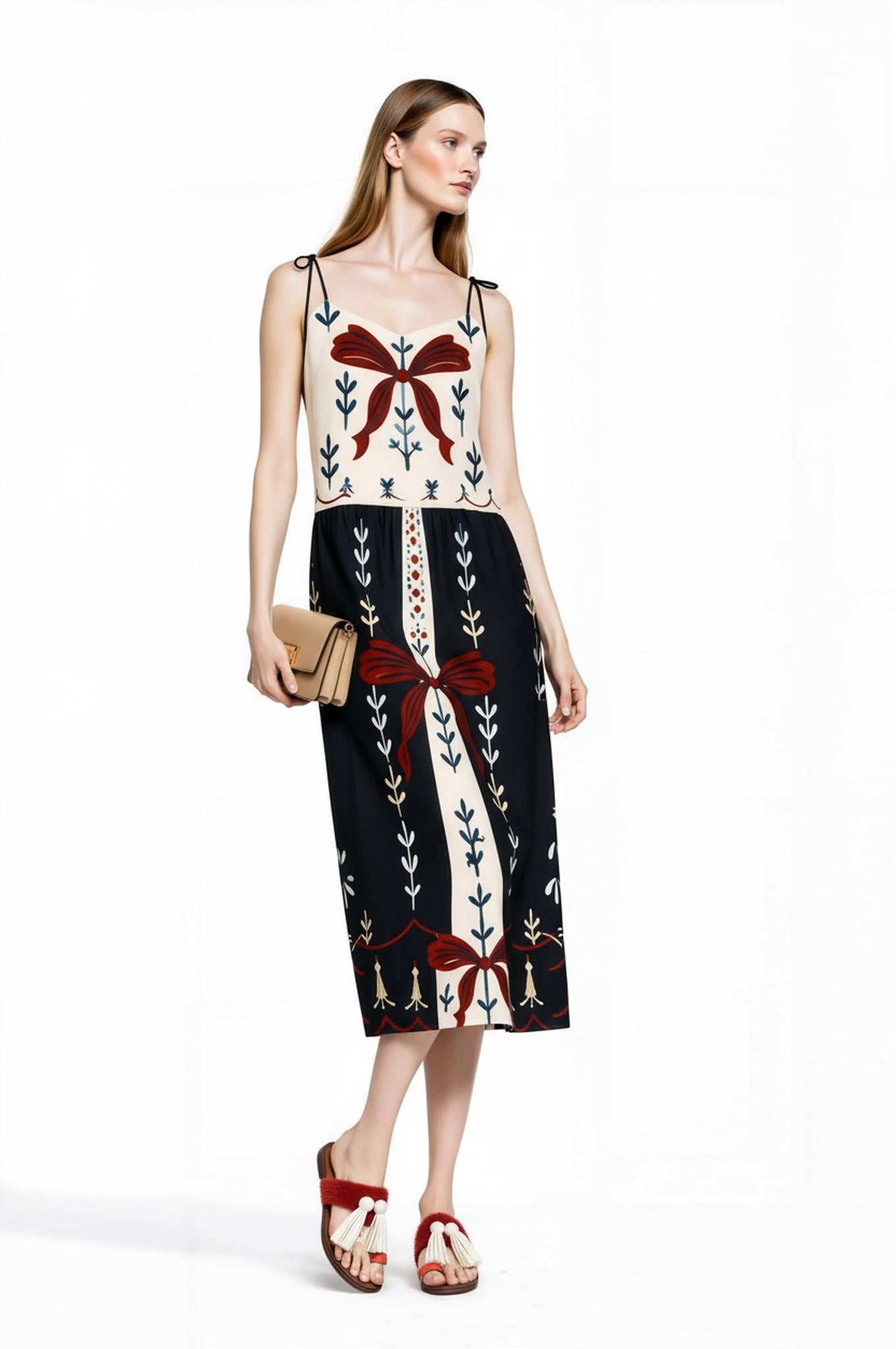 Ivory and Black Ribbon Print Midi Slip Dress with Adjustable Tie Straps Ornamental Design __etsy:7738356745