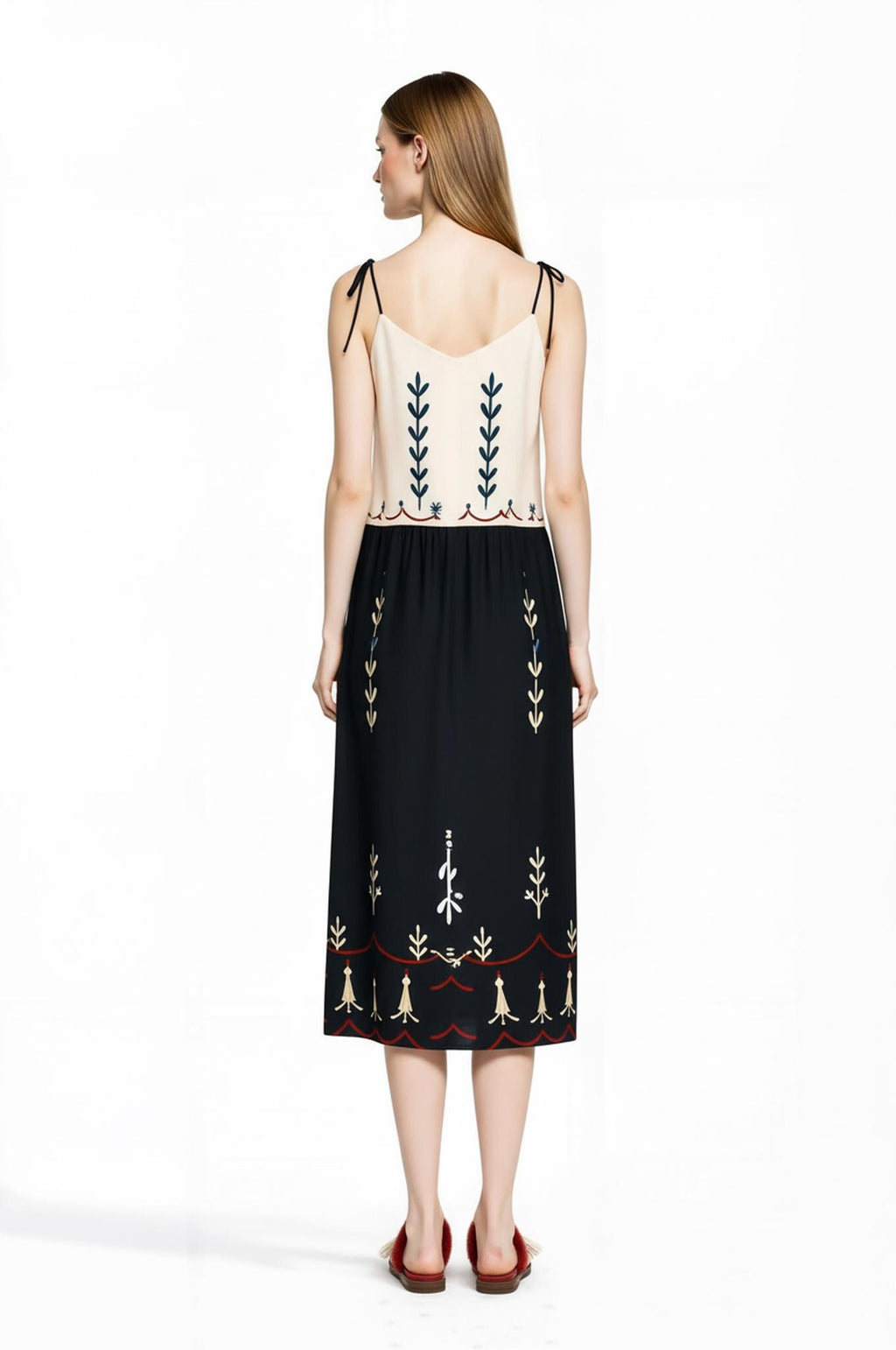 Ivory and Black Ribbon Print Midi Slip Dress with Adjustable Tie Straps Ornamental Design __etsy:7738356763