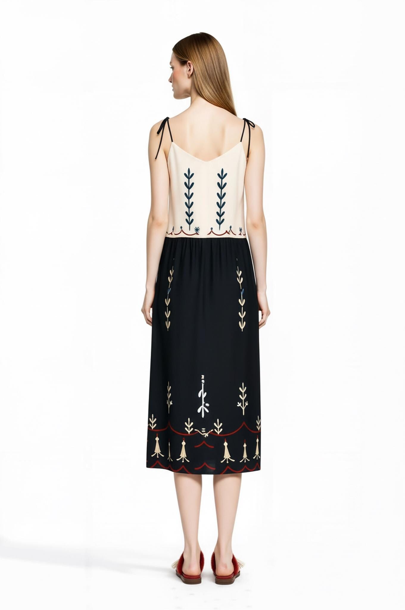 Ivory and Black Ribbon Print Midi Slip Dress with Adjustable Tie Straps Ornamental Design __etsy:7738356763