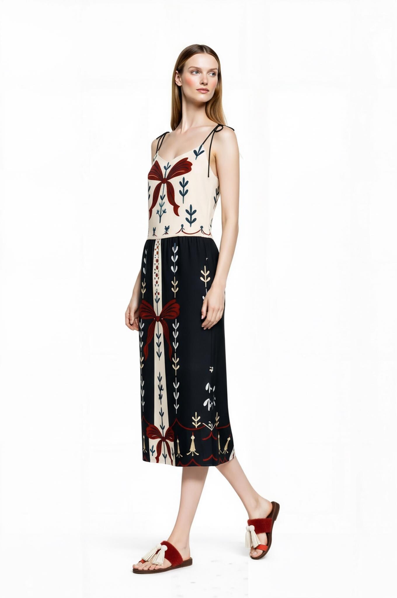 Ivory and Black Ribbon Print Midi Slip Dress with Adjustable Tie Straps Ornamental Design __etsy:7738356769