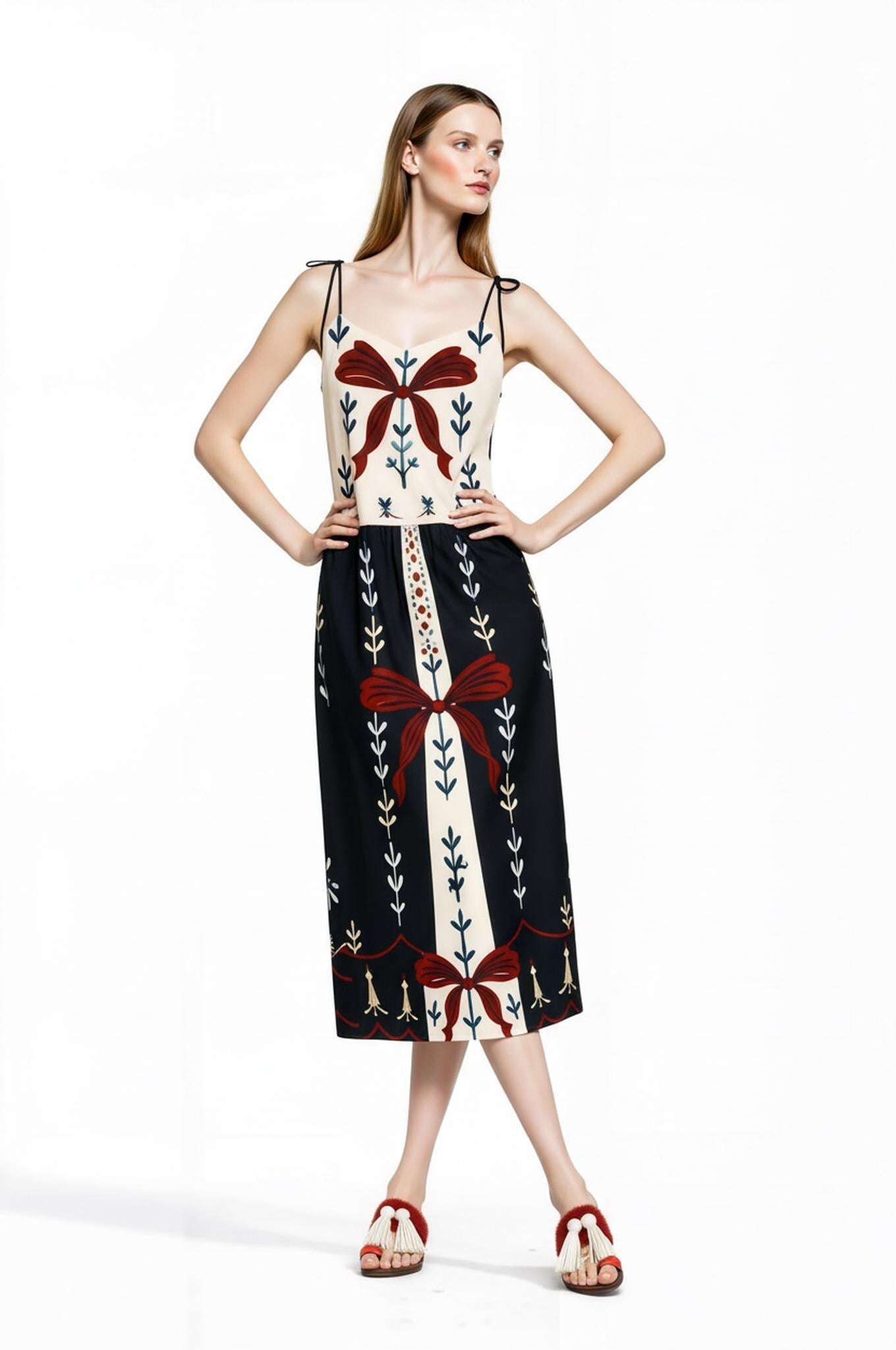 Ivory and Black Ribbon Print Midi Slip Dress with Adjustable Tie Straps Ornamental Design __etsy:7738356779
