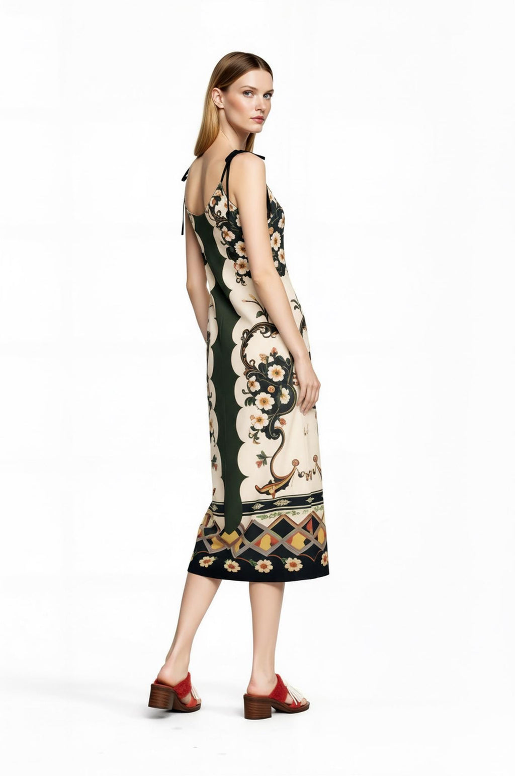 Green and Ivory Floral Midi Slip Dress with Adjustable Tie Straps Ornamental Print __etsy:7738470743