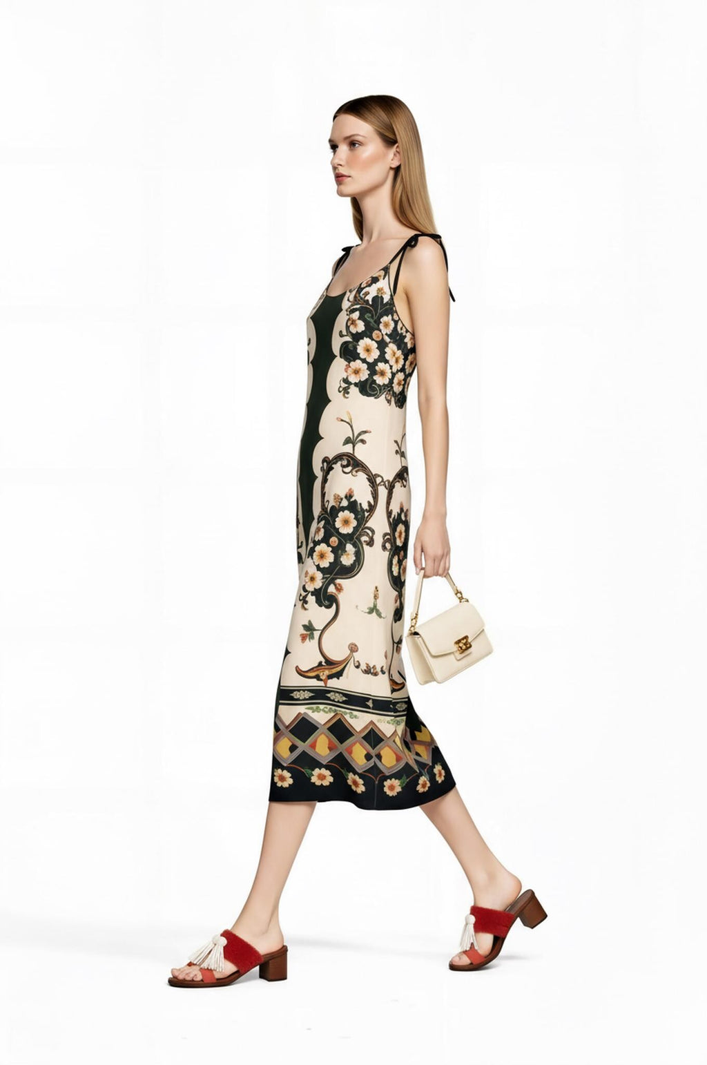 Green and Ivory Floral Midi Slip Dress with Adjustable Tie Straps Ornamental Print __etsy:7738470747