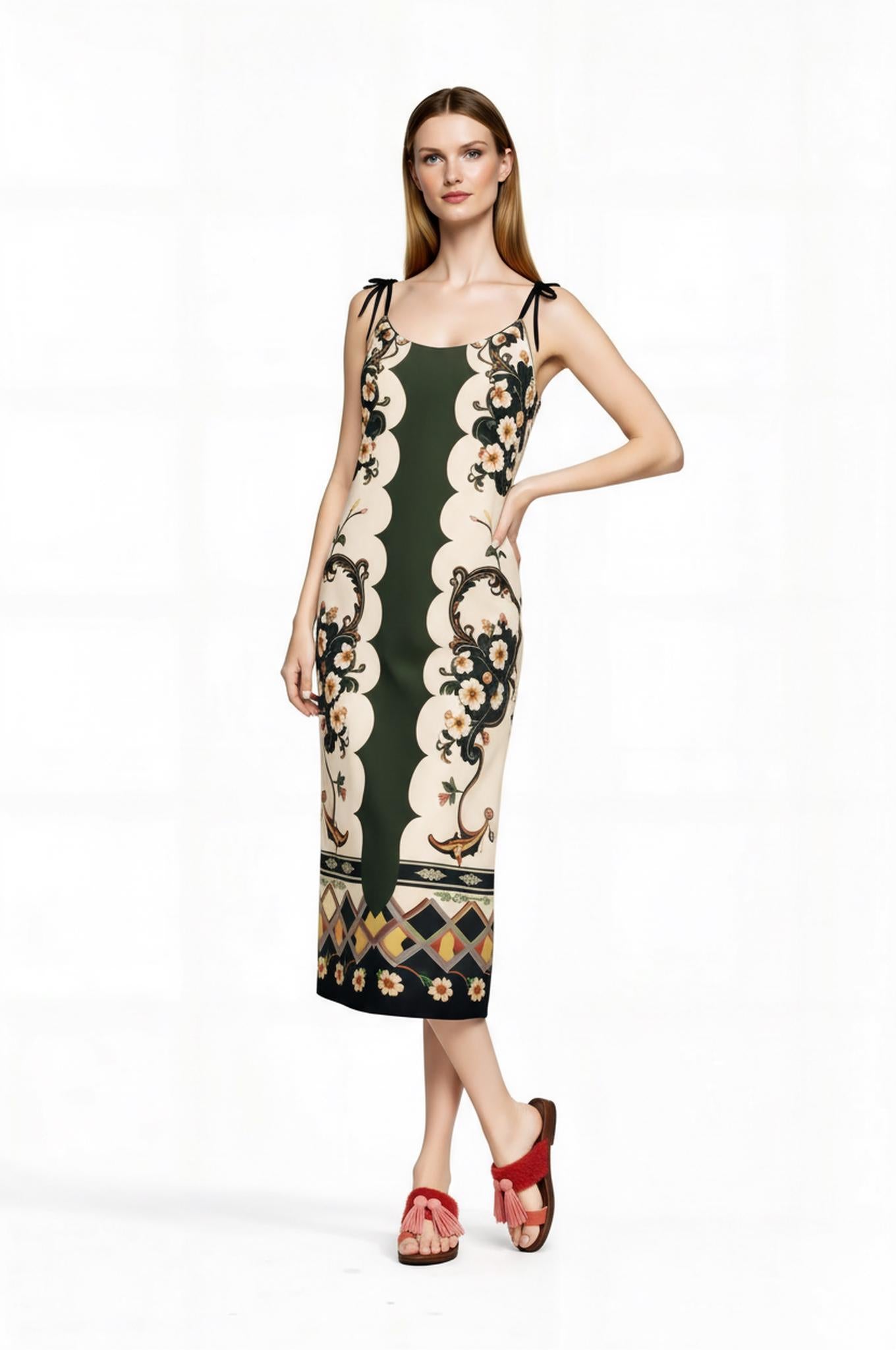 Green and Ivory Floral Midi Slip Dress with Adjustable Tie Straps Ornamental Print __etsy:7738470767