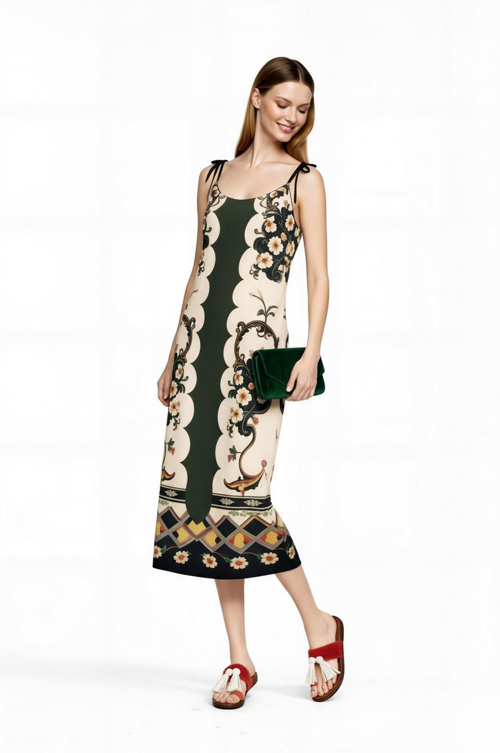 Green and Ivory Floral Midi Slip Dress with Adjustable Tie Straps Ornamental Print __etsy:7738470817