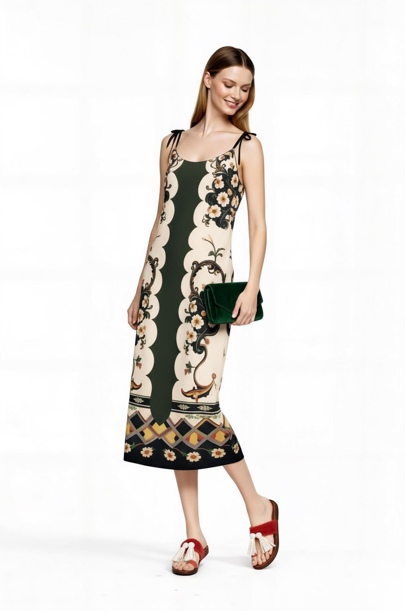Green and Ivory Floral Midi Slip Dress with Adjustable Tie Straps Ornamental Print __etsy:7738470817