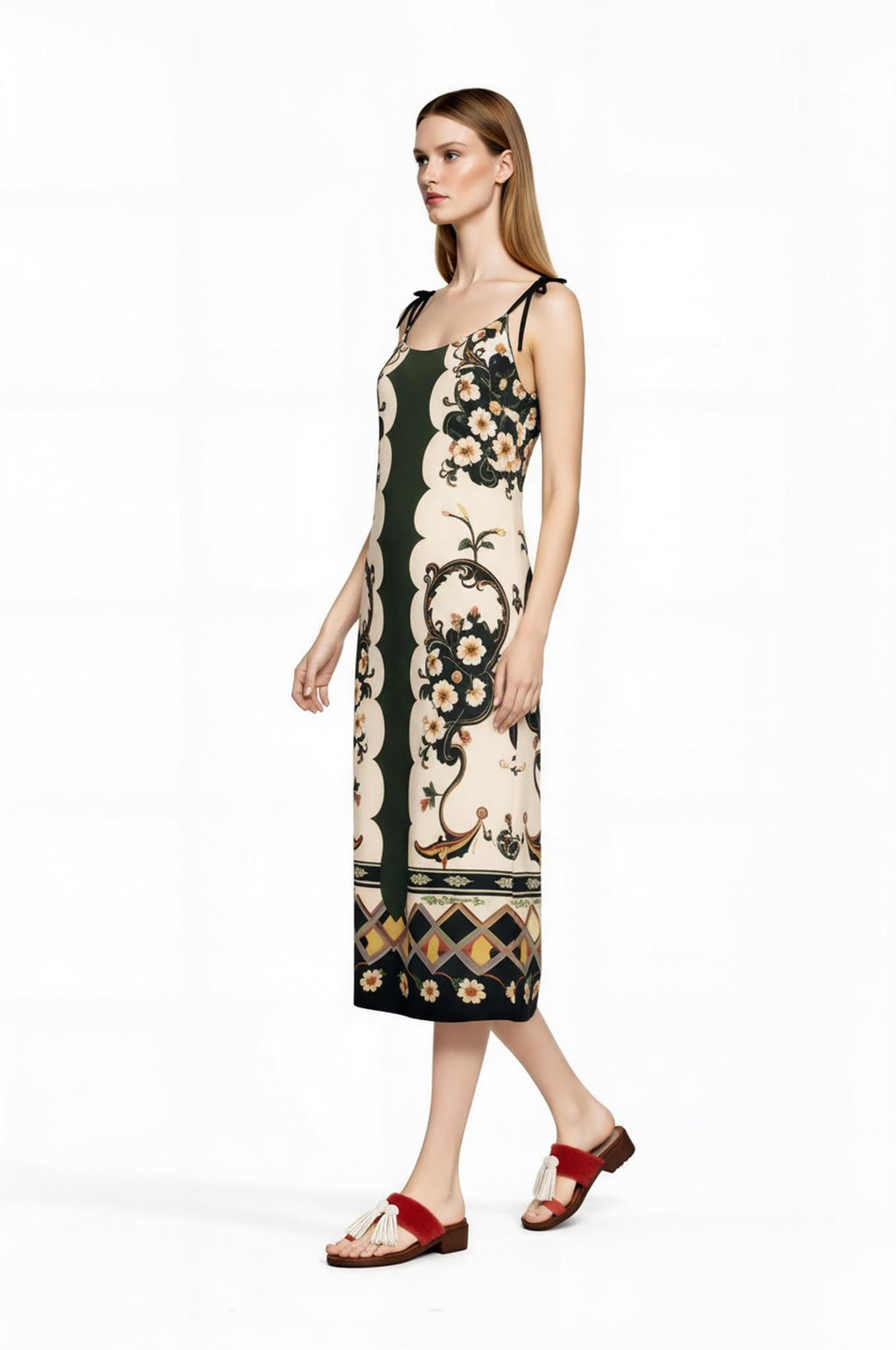 Green and Ivory Floral Midi Slip Dress with Adjustable Tie Straps Ornamental Print __etsy:7738470819