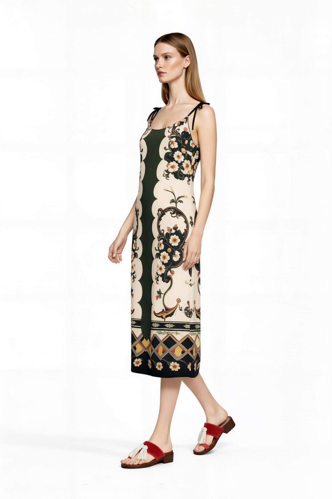 Green and Ivory Floral Midi Slip Dress with Adjustable Tie Straps Ornamental Print __etsy:7738470819