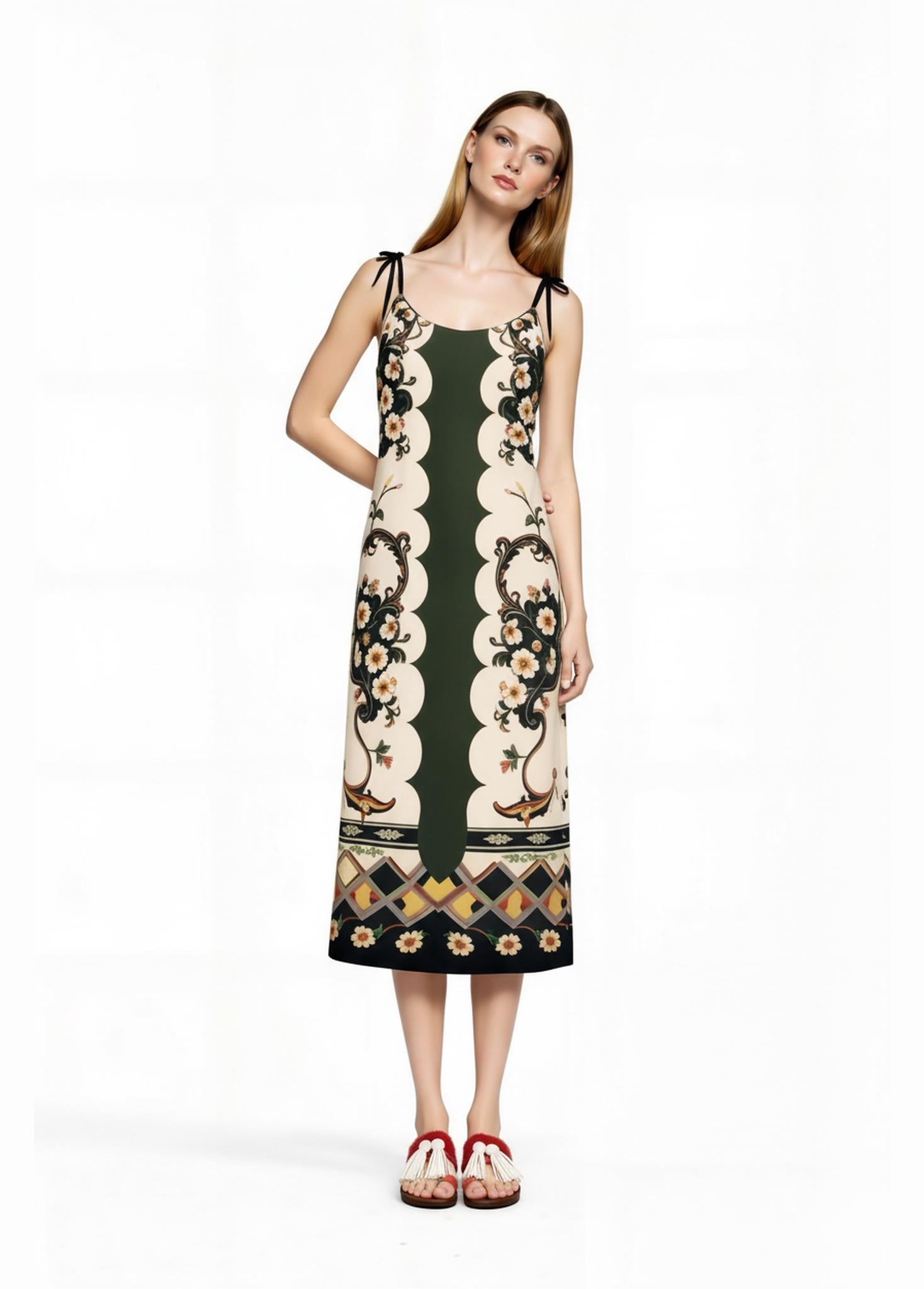 Green and Ivory Floral Midi Slip Dress with Adjustable Tie Straps Ornamental Print __etsy:7738484861