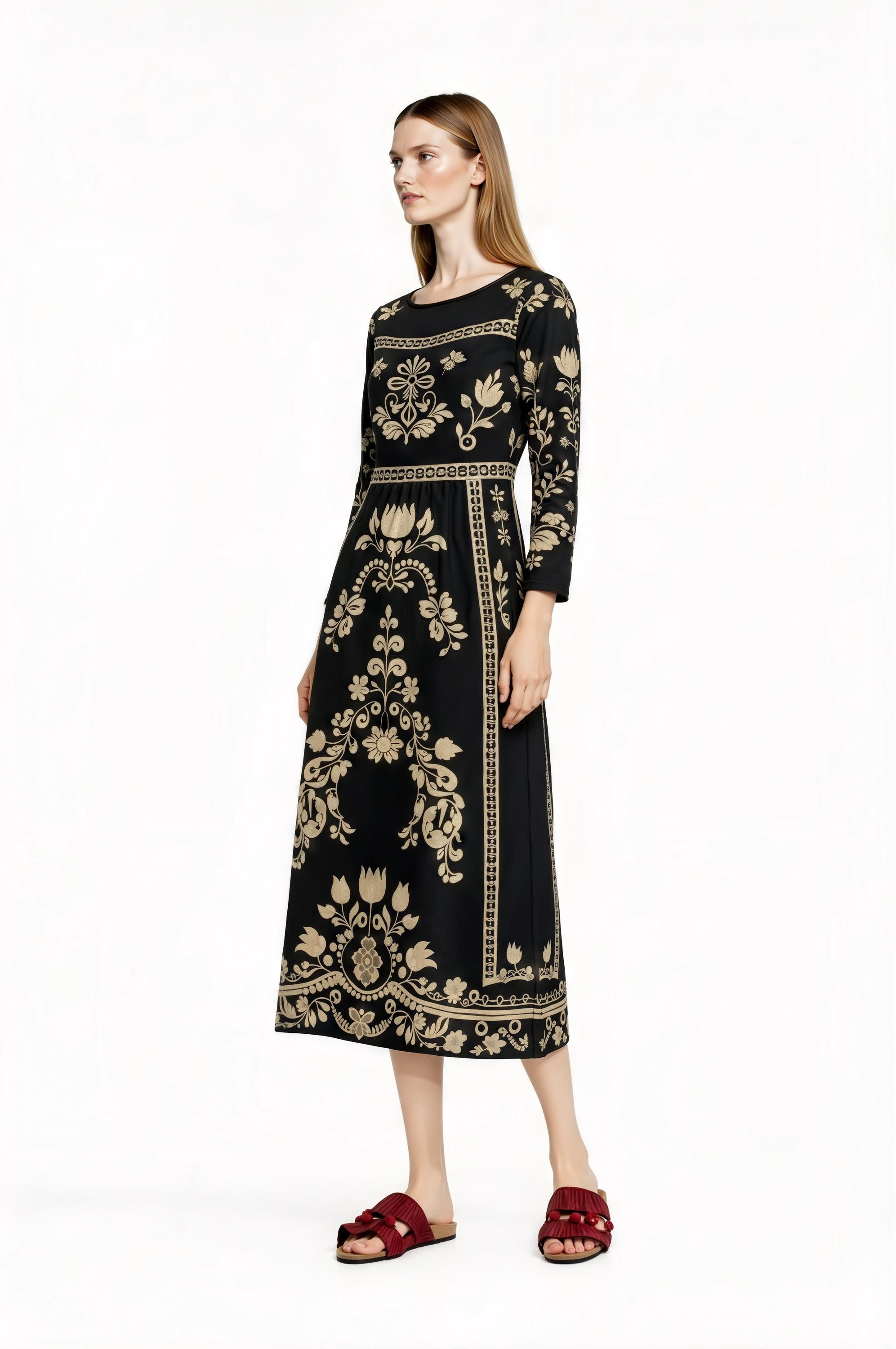 Black Floral Print Midi Dress with Long Sleeves and Side Pockets __etsy:7748278141