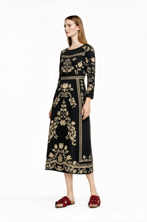 Black Floral Print Midi Dress with Long Sleeves and Side Pockets __etsy:7748278141