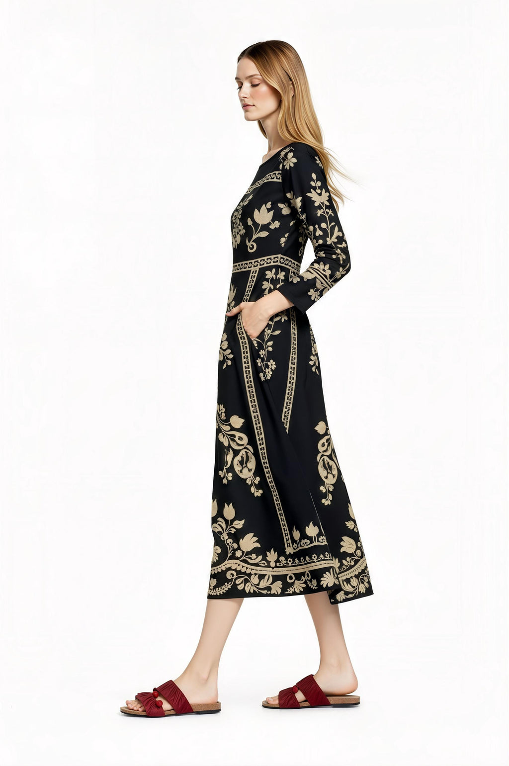 Black Floral Print Midi Dress with Long Sleeves and Side Pockets __etsy:7748278143