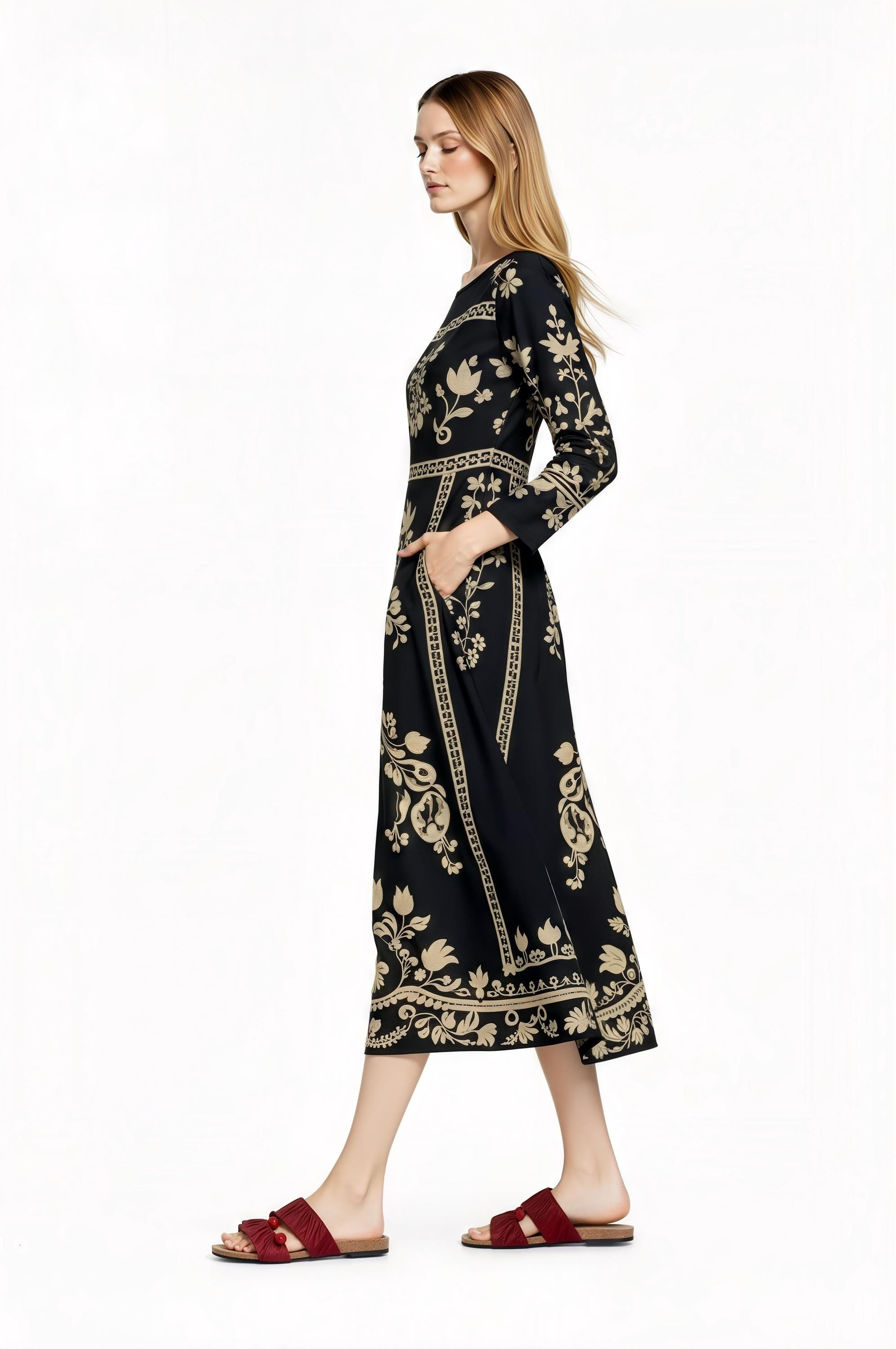 Black Floral Print Midi Dress with Long Sleeves and Side Pockets __etsy:7748278143
