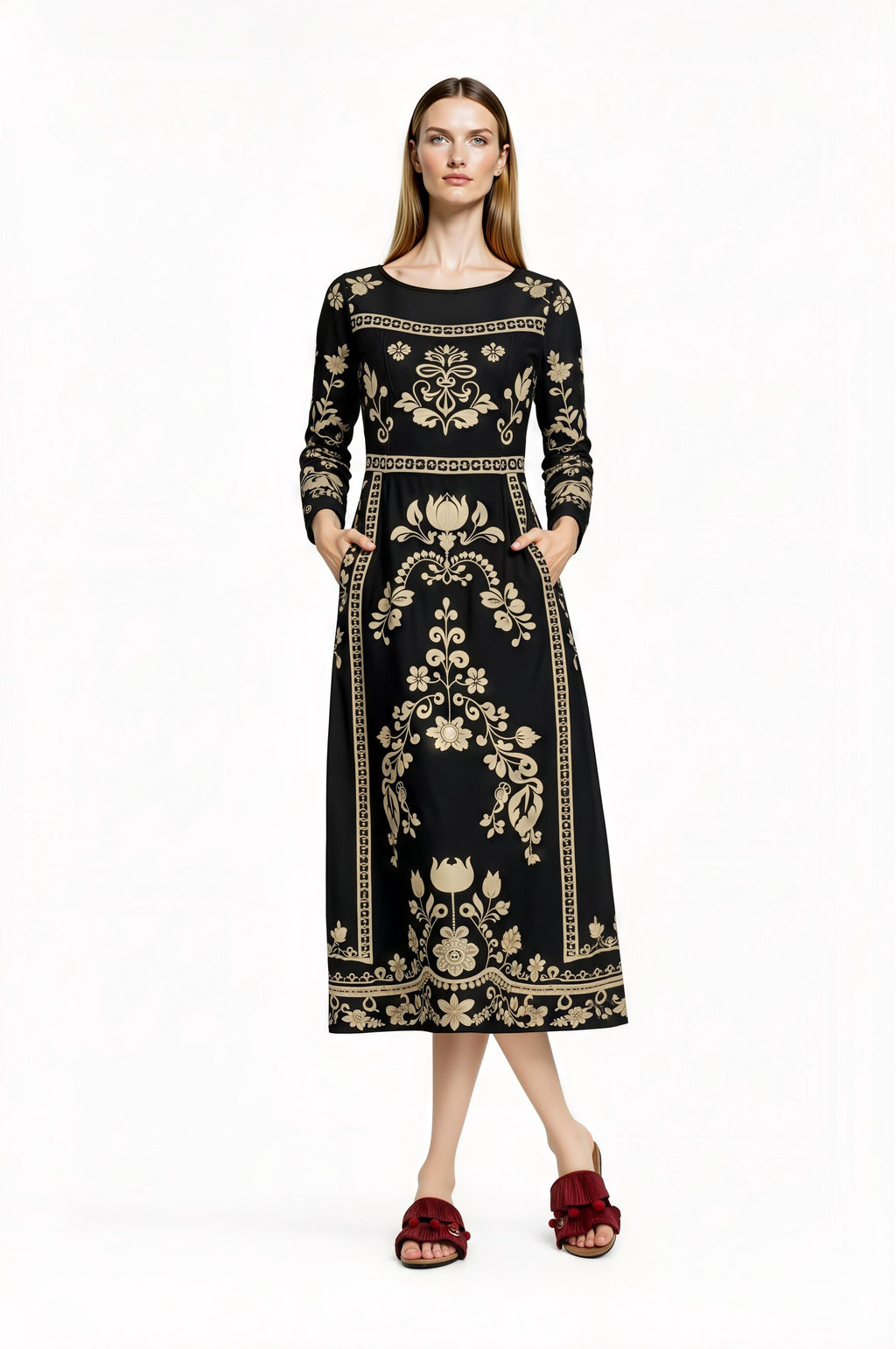 Black Floral Print Midi Dress with Long Sleeves and Side Pockets __etsy:7748278155
