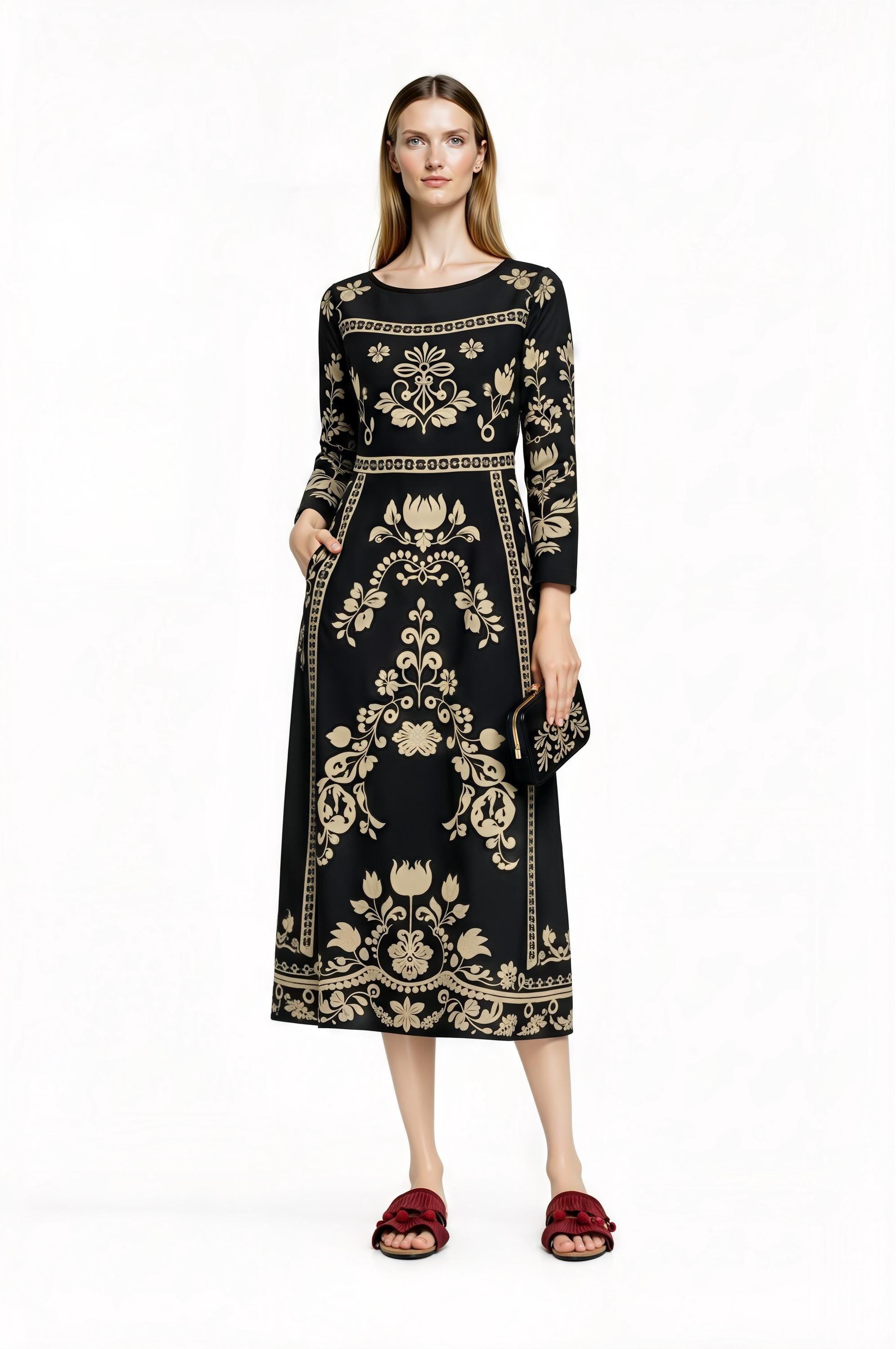 Black Floral Print Midi Dress with Long Sleeves and Side Pockets __etsy:7748278159