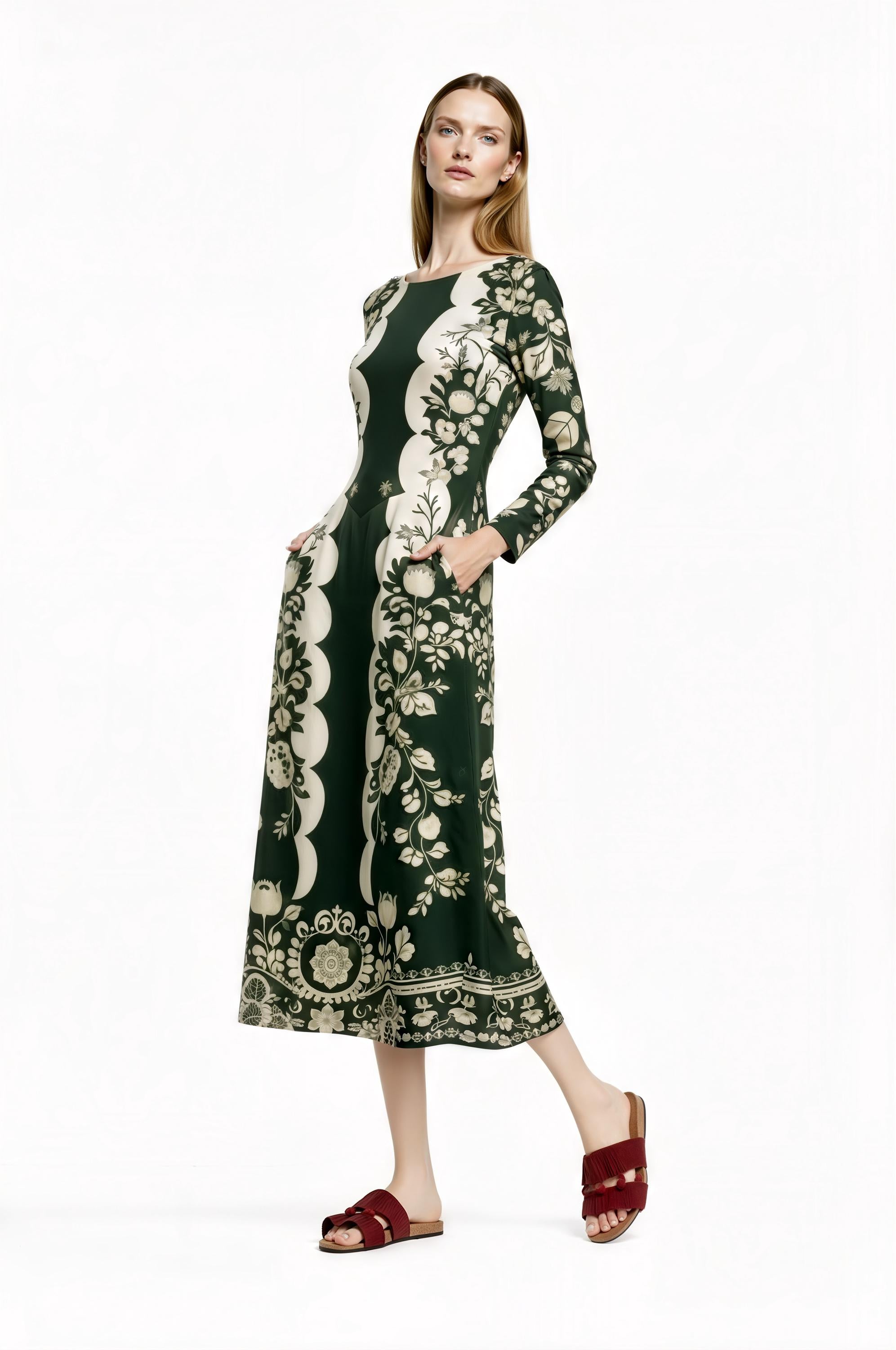 Green Floral Midi Dress with Long Sleeves and Side Pockets A-Line Silhouette __etsy:7748377955