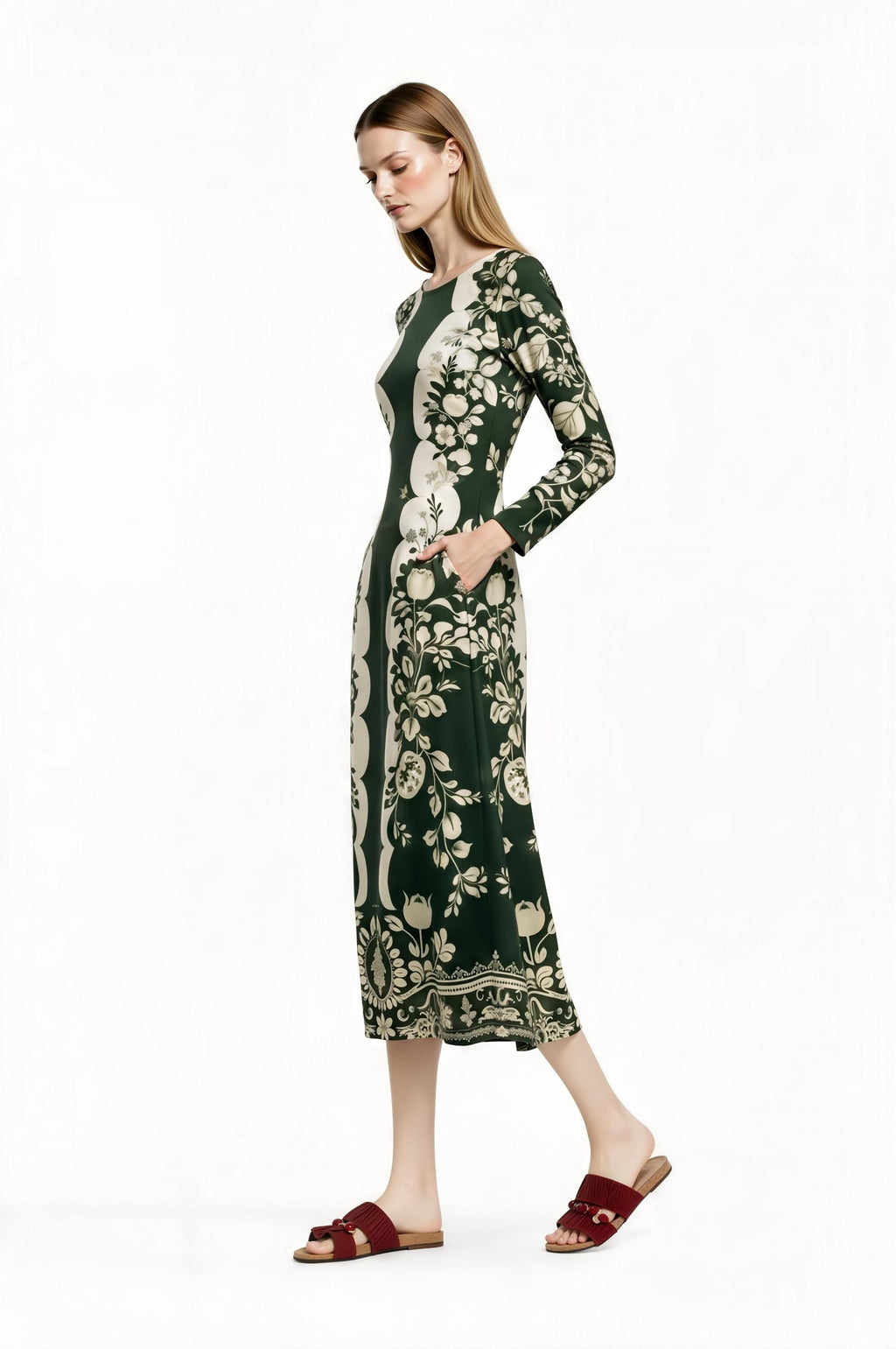 Green Floral Midi Dress with Long Sleeves and Side Pockets A-Line Silhouette __etsy:7748377965