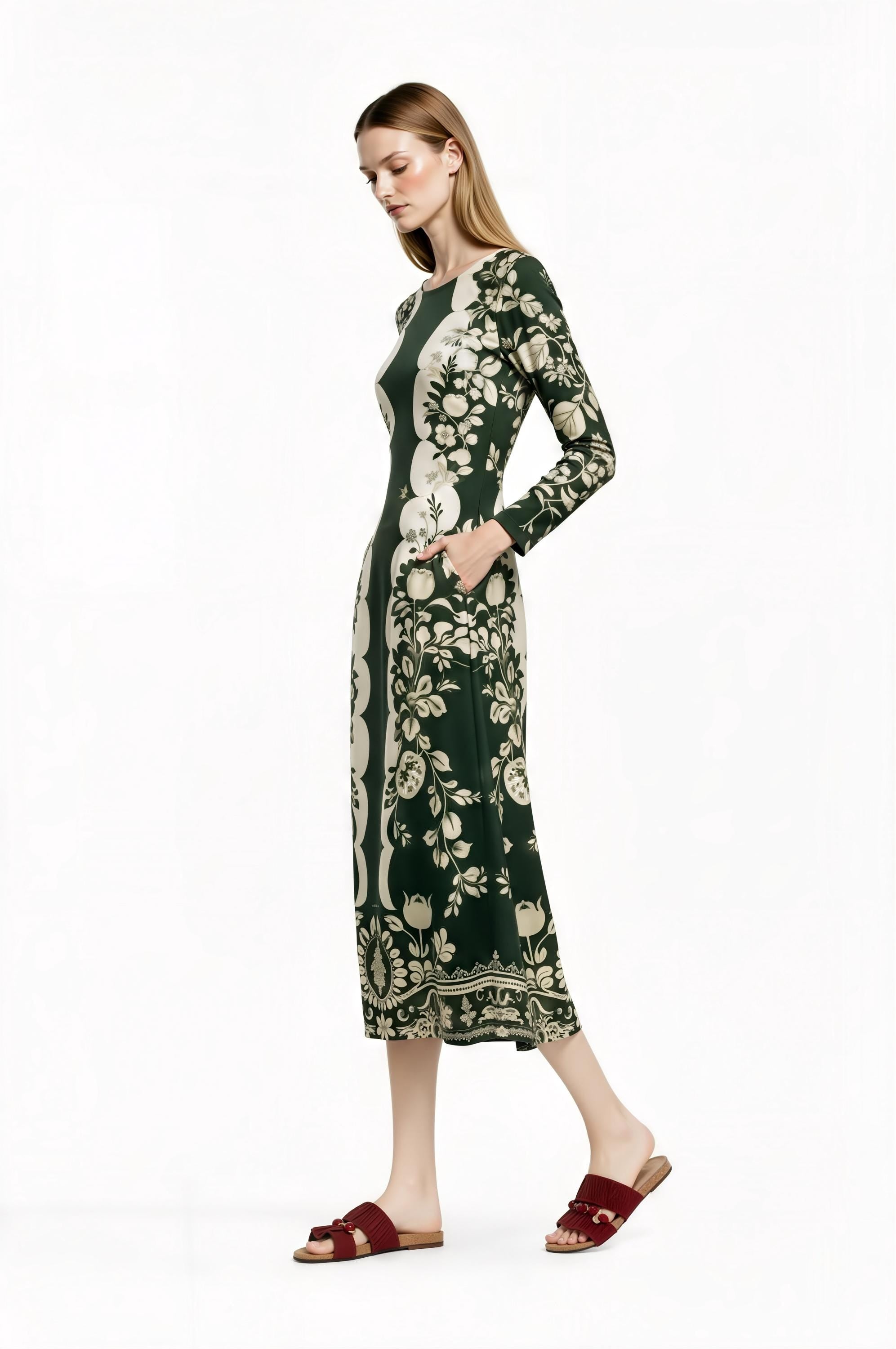 Green Floral Midi Dress with Long Sleeves and Side Pockets A-Line Silhouette __etsy:7748377965