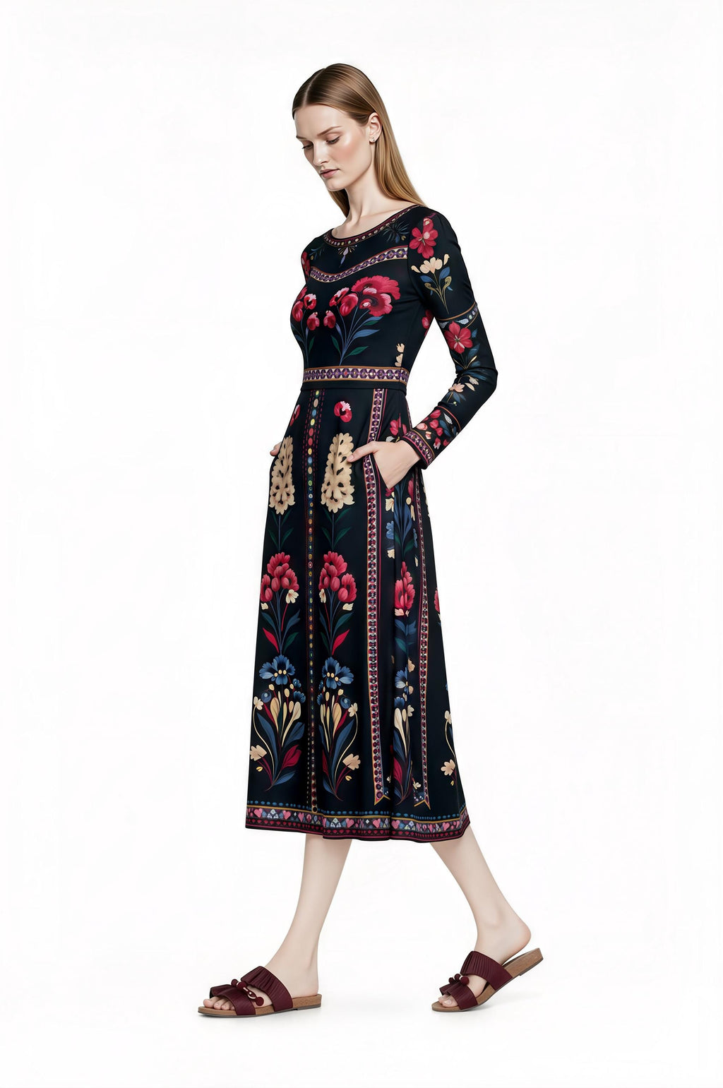 Black Floral Midi Dress with Long Sleeves and Side Pockets A-Line Silhouette __etsy:7748779185