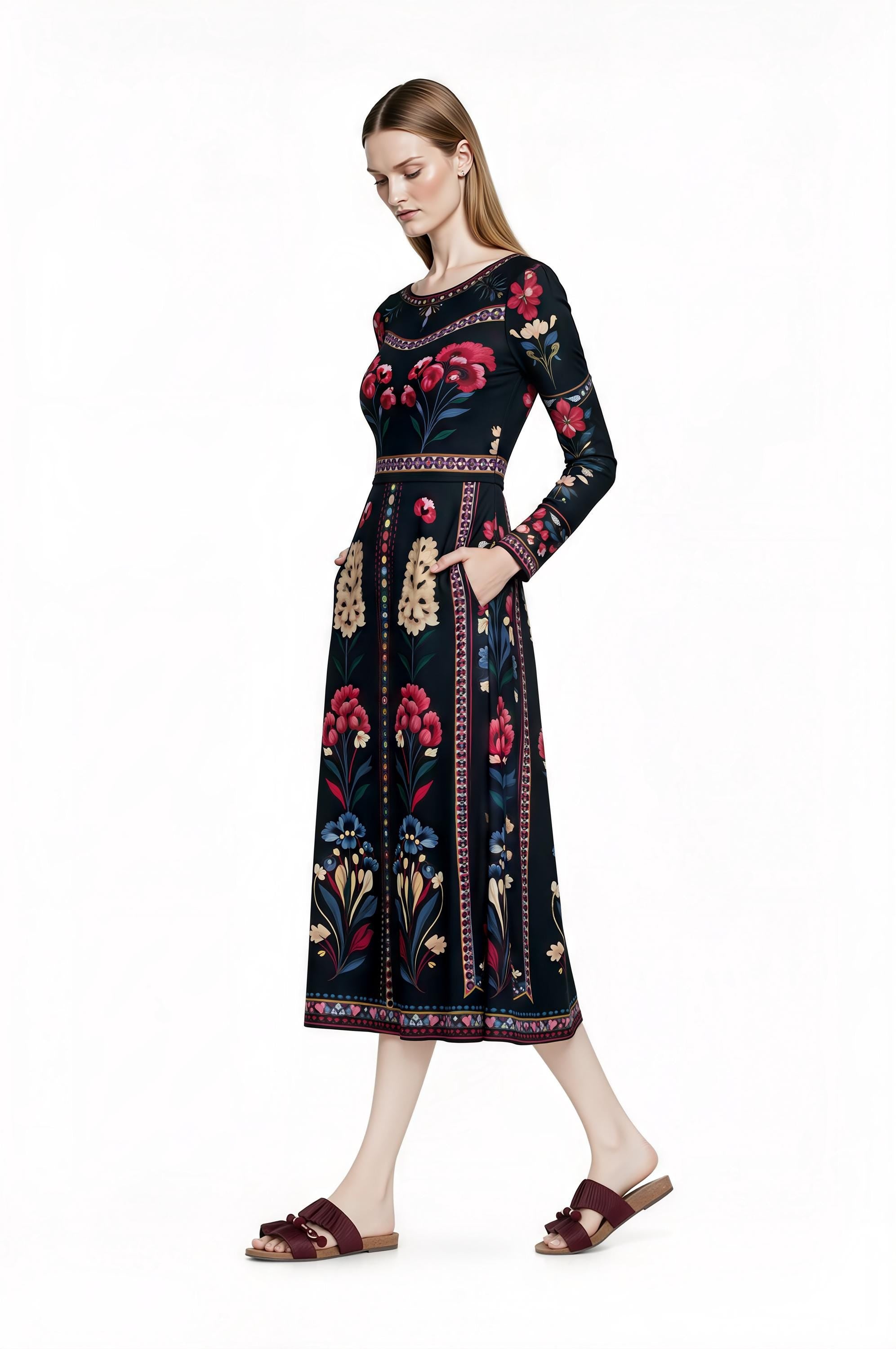 Black Floral Midi Dress with Long Sleeves and Side Pockets A-Line Silhouette __etsy:7748779185