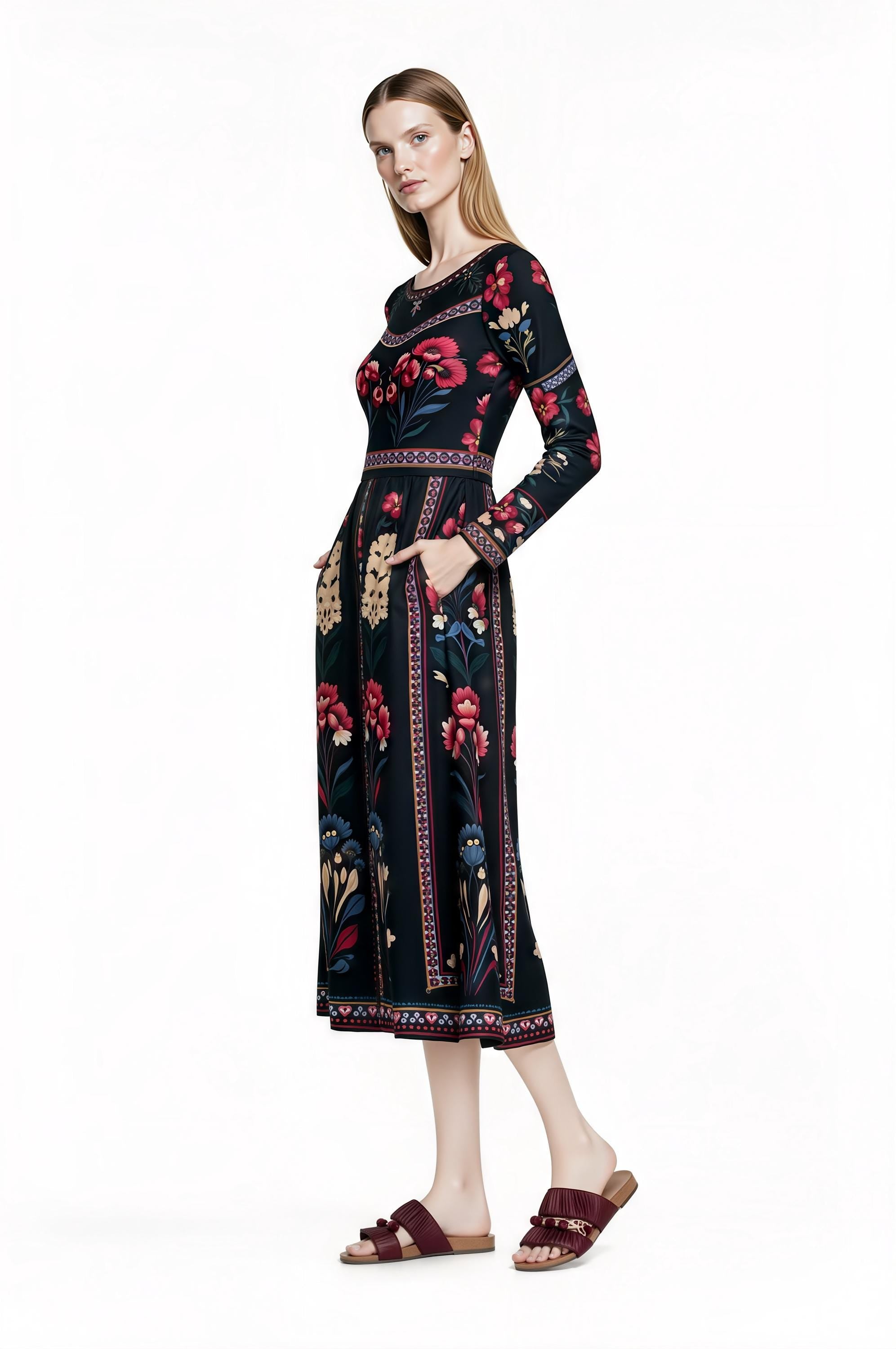 Black Floral Midi Dress with Long Sleeves and Side Pockets A-Line Silhouette __etsy:7748779199