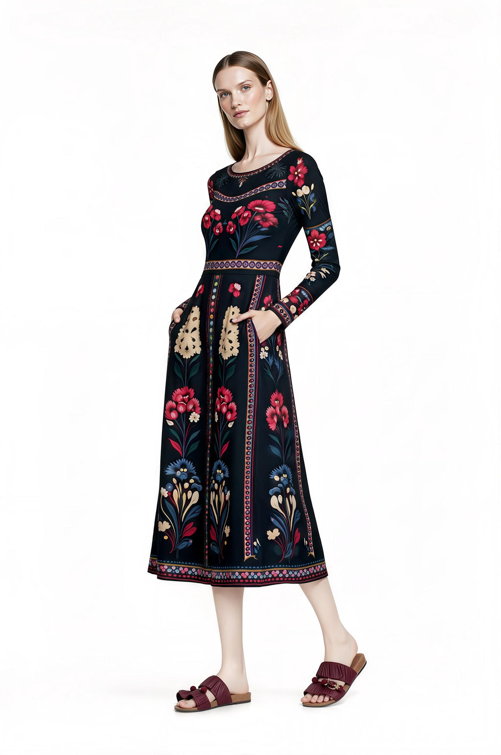 Black Floral Midi Dress with Long Sleeves and Side Pockets A-Line Silhouette __etsy:7748779201
