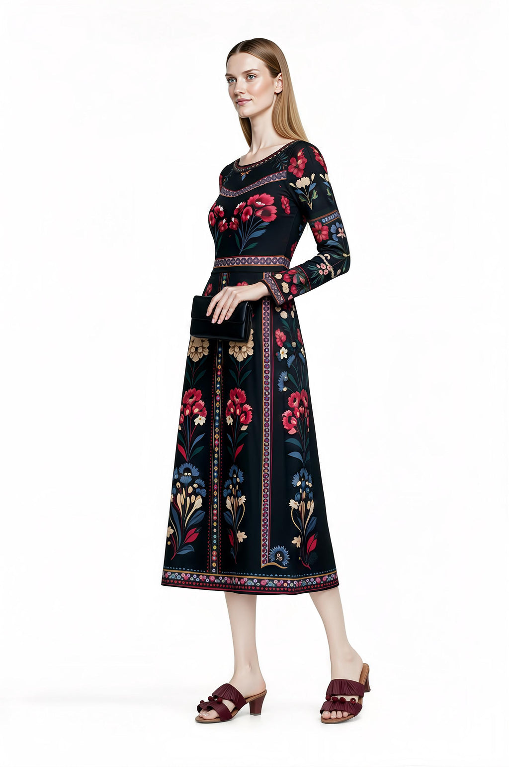 Black Floral Midi Dress with Long Sleeves and Side Pockets A-Line Silhouette __etsy:7748779223