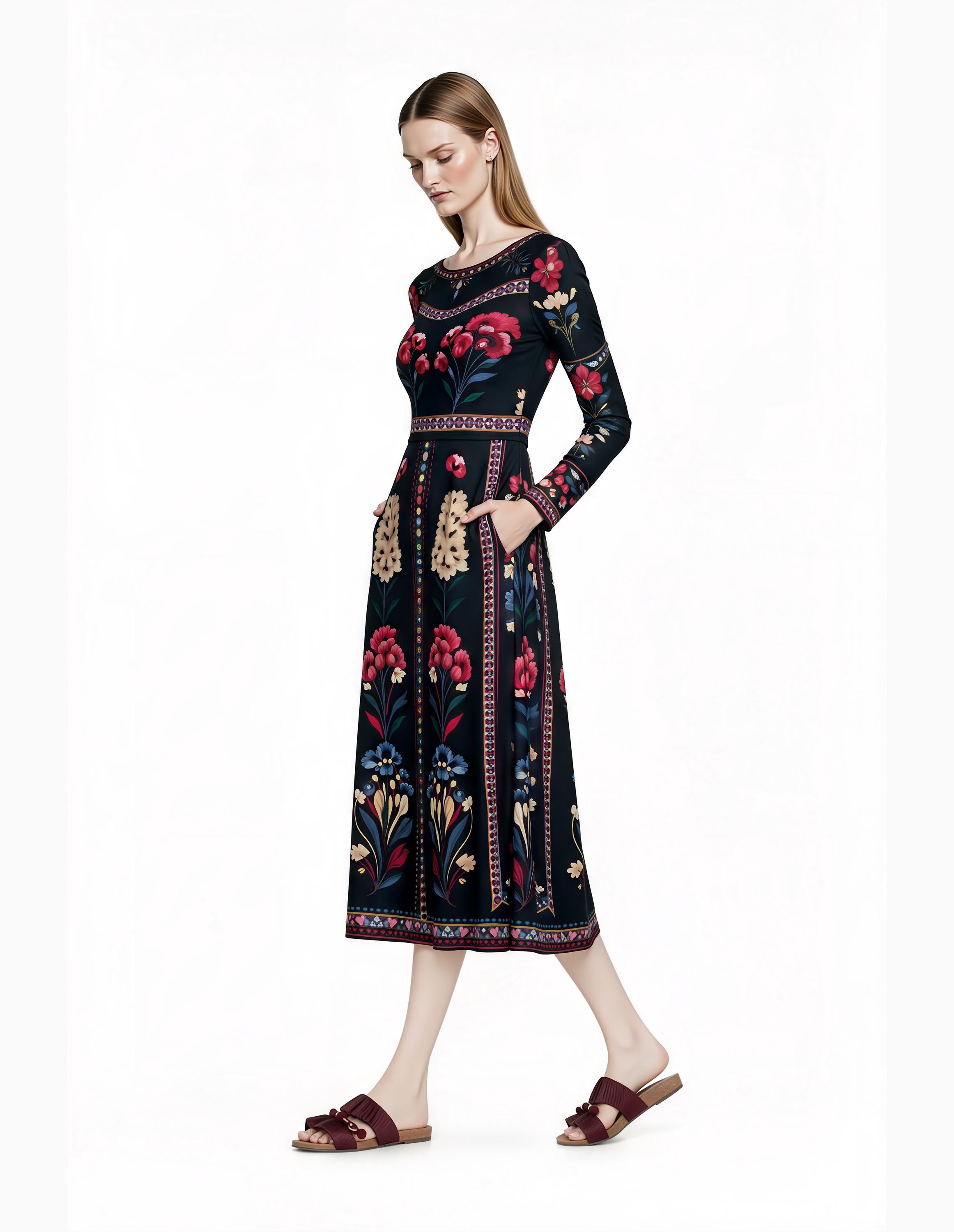 Black Floral Midi Dress with Long Sleeves and Side Pockets A-Line Silhouette __etsy:7748782183