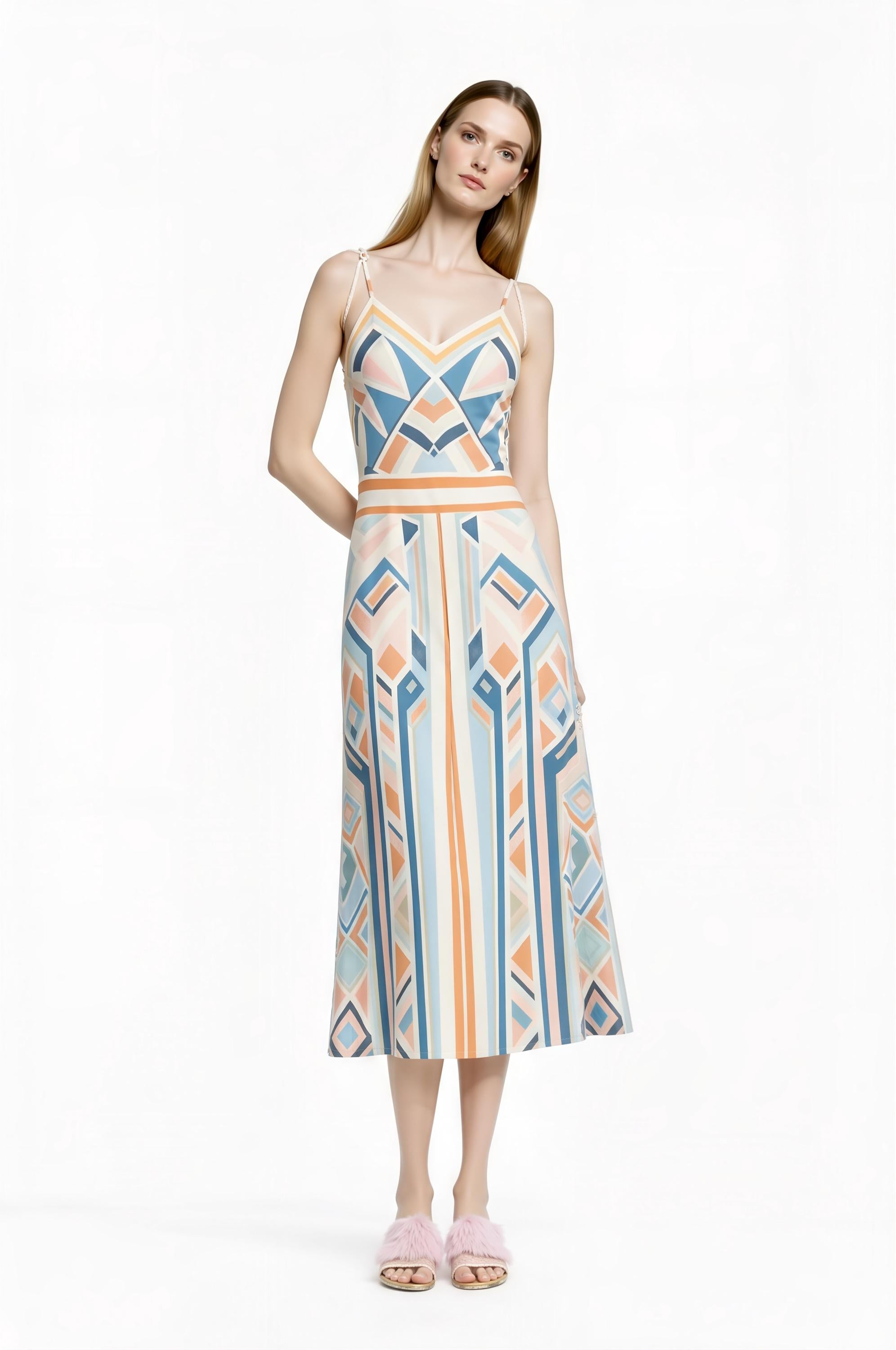 Pastel Geometric Midi Slip Dress in Blue and Peach with Modern Art Deco Print __etsy:7748896047