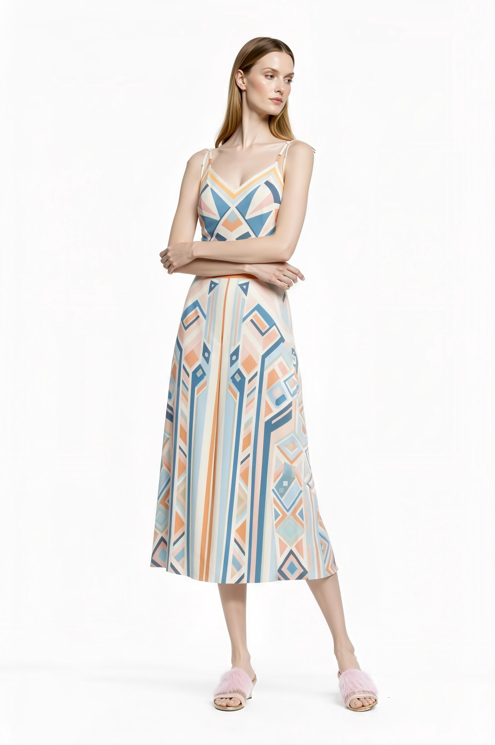 Pastel Geometric Midi Slip Dress in Blue and Peach with Modern Art Deco Print __etsy:7748896049