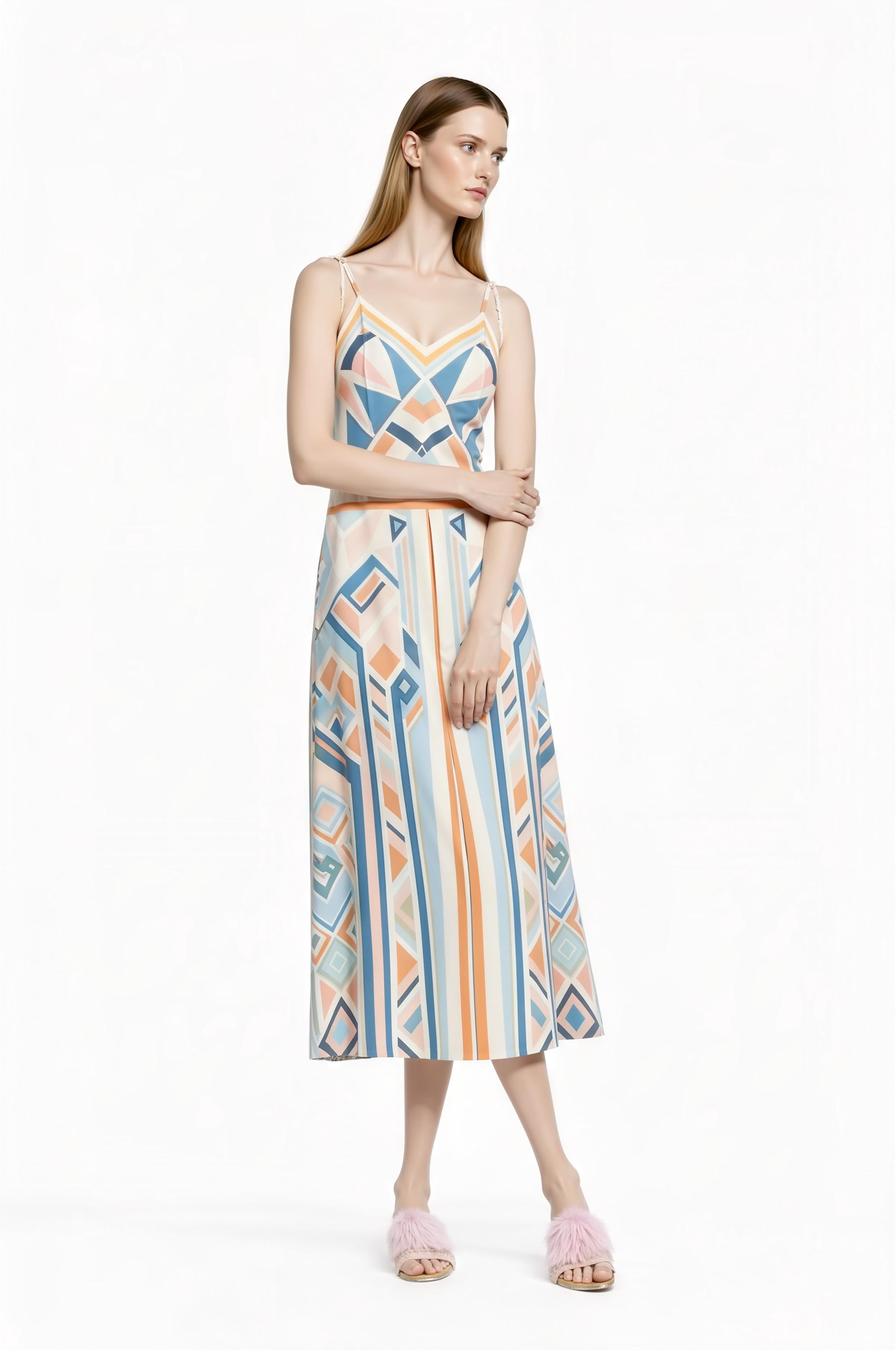 Pastel Geometric Midi Slip Dress in Blue and Peach with Modern Art Deco Print __etsy:7748896051