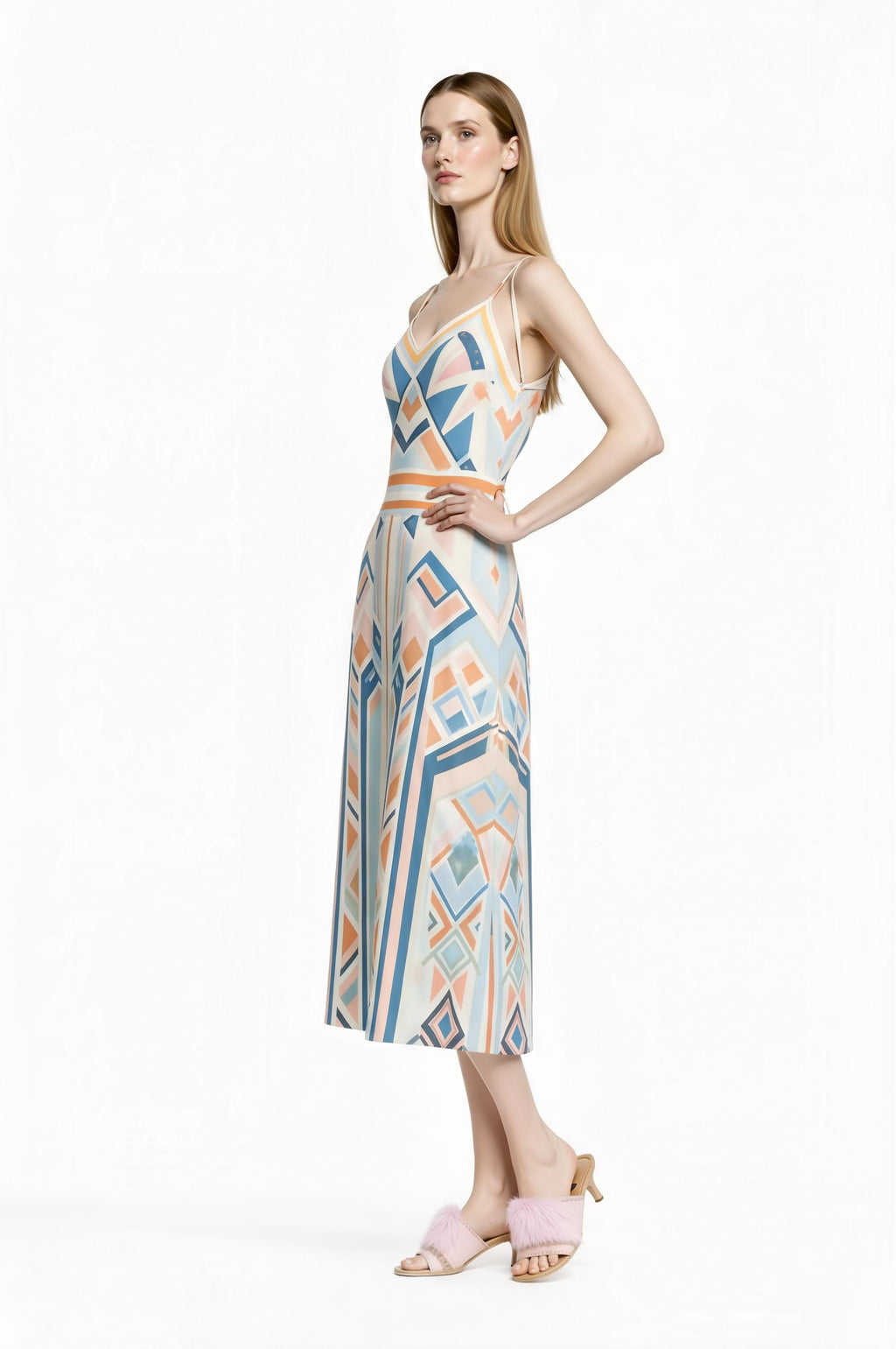 Pastel Geometric Midi Slip Dress in Blue and Peach with Modern Art Deco Print __etsy:7748896053