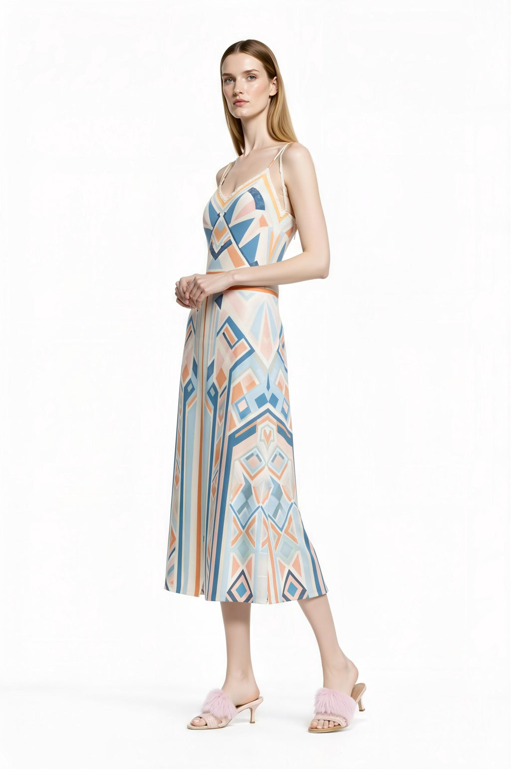 Pastel Geometric Midi Slip Dress in Blue and Peach with Modern Art Deco Print __etsy:7748896059