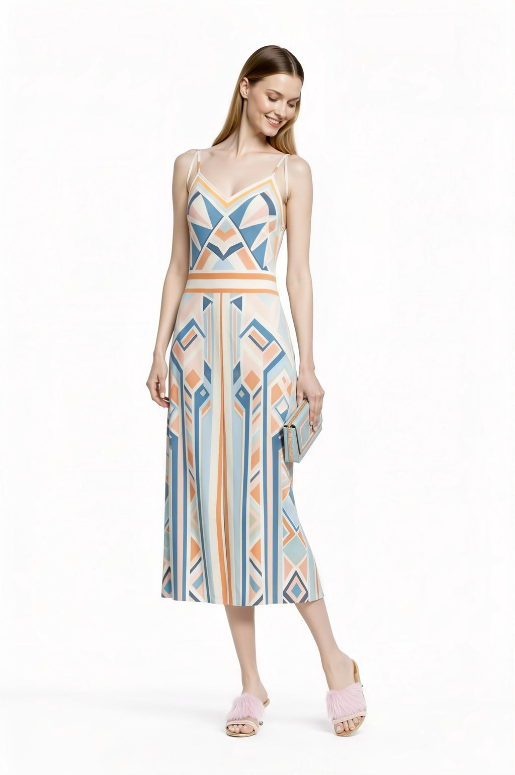 Pastel Geometric Midi Slip Dress in Blue and Peach with Modern Art Deco Print __etsy:7748896113