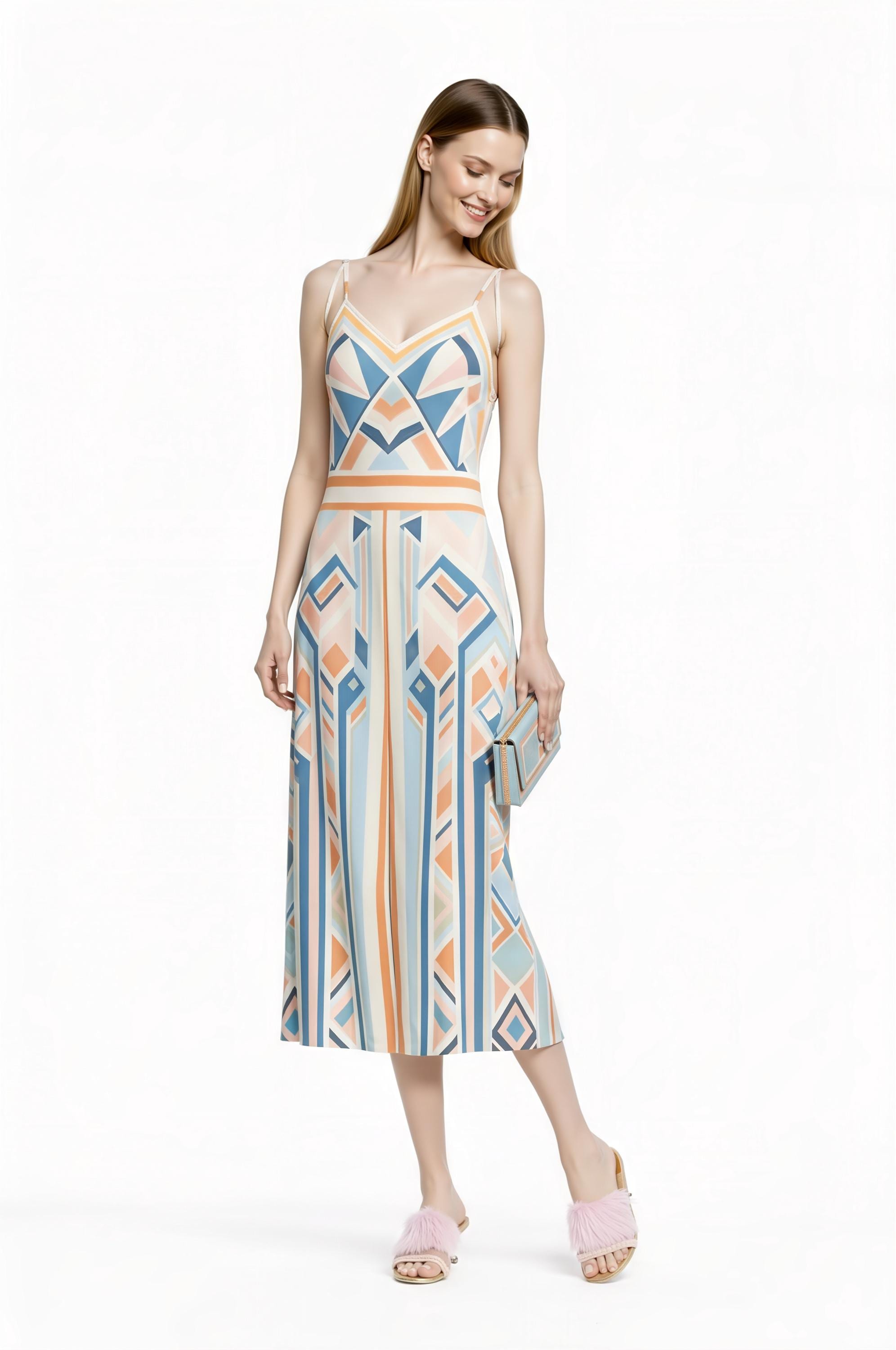 Pastel Geometric Midi Slip Dress in Blue and Peach with Modern Art Deco Print __etsy:7748896113