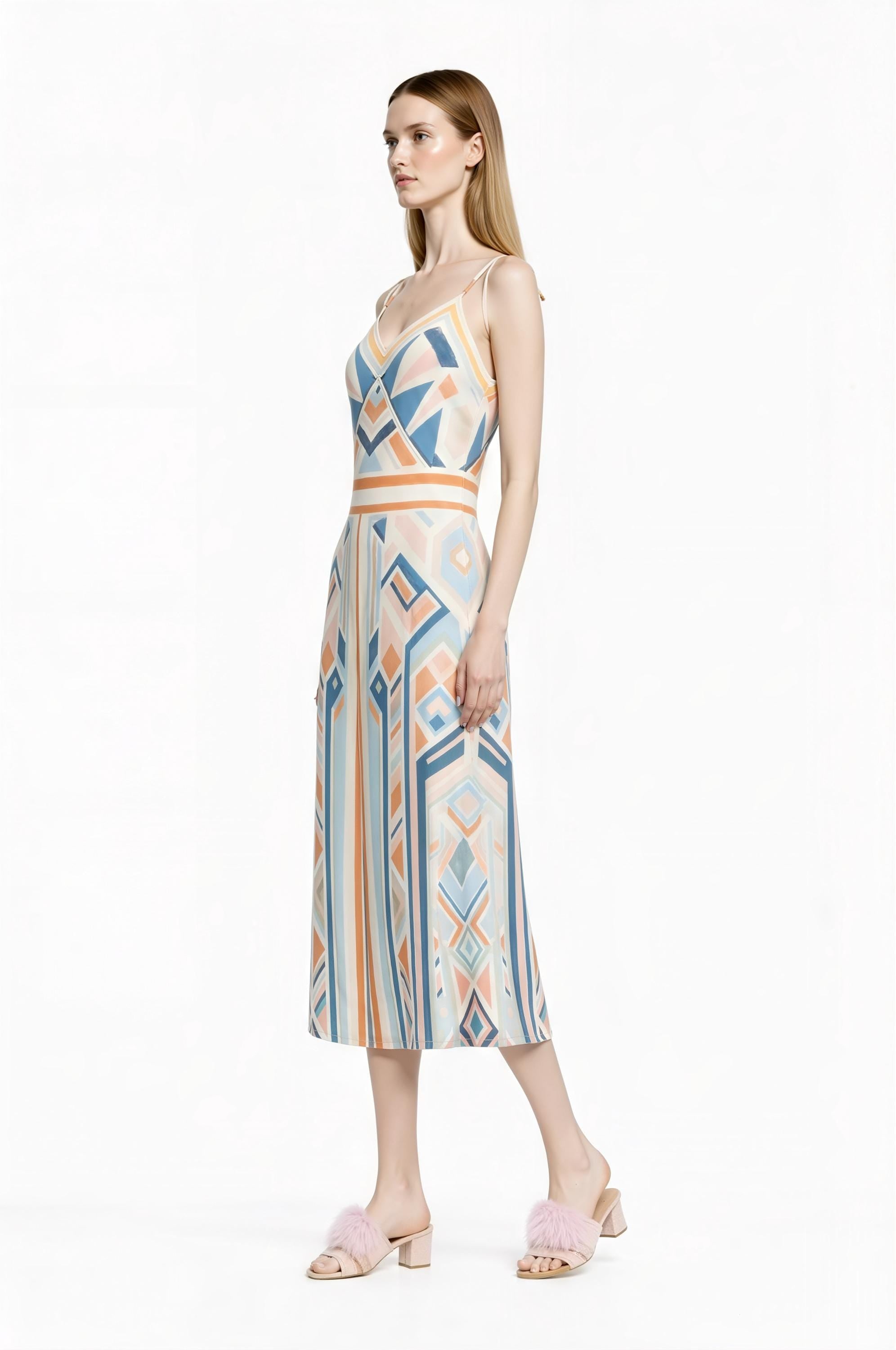Pastel Geometric Midi Slip Dress in Blue and Peach with Modern Art Deco Print __etsy:7748896115