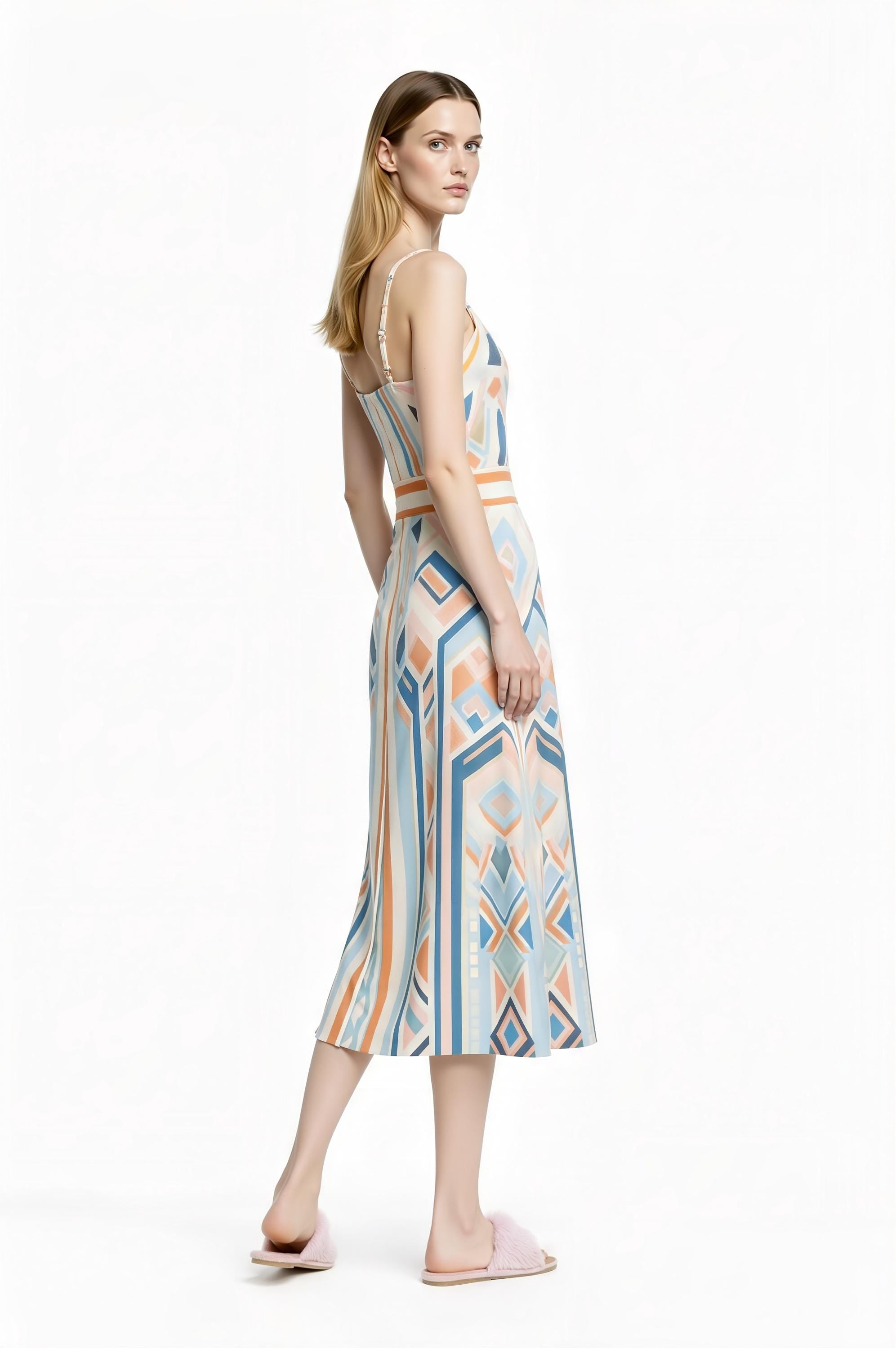 Pastel Geometric Midi Slip Dress in Blue and Peach with Modern Art Deco Print __etsy:7748896119