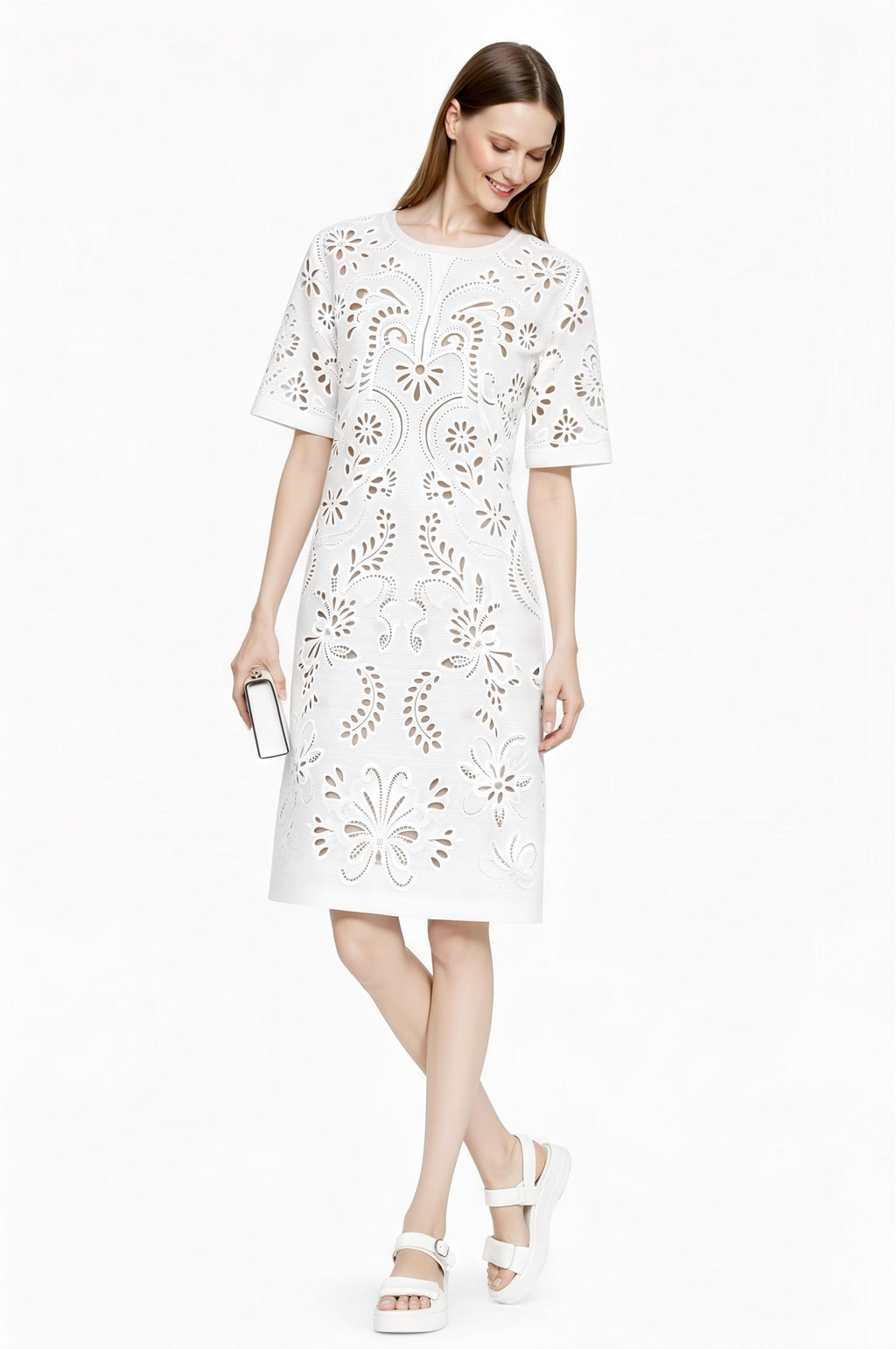 Ivory Eyelet Print T-Shirt Dress, Lace-Look Mini Shift, Summer Feminine白 Dress __etsy:7764010010